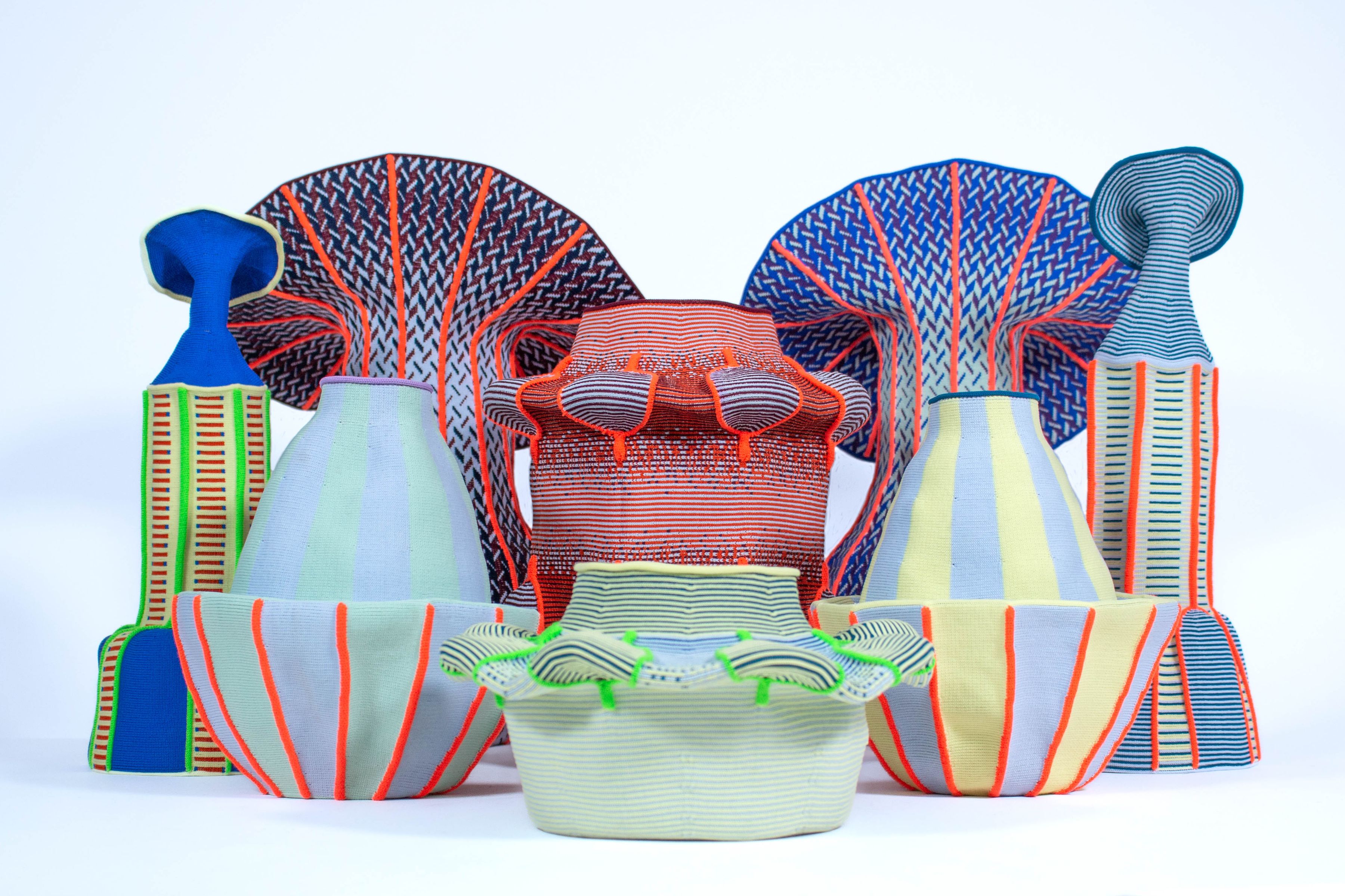 Gaspard Fleury-Dugy soft knitted objects in colorful textile forms.