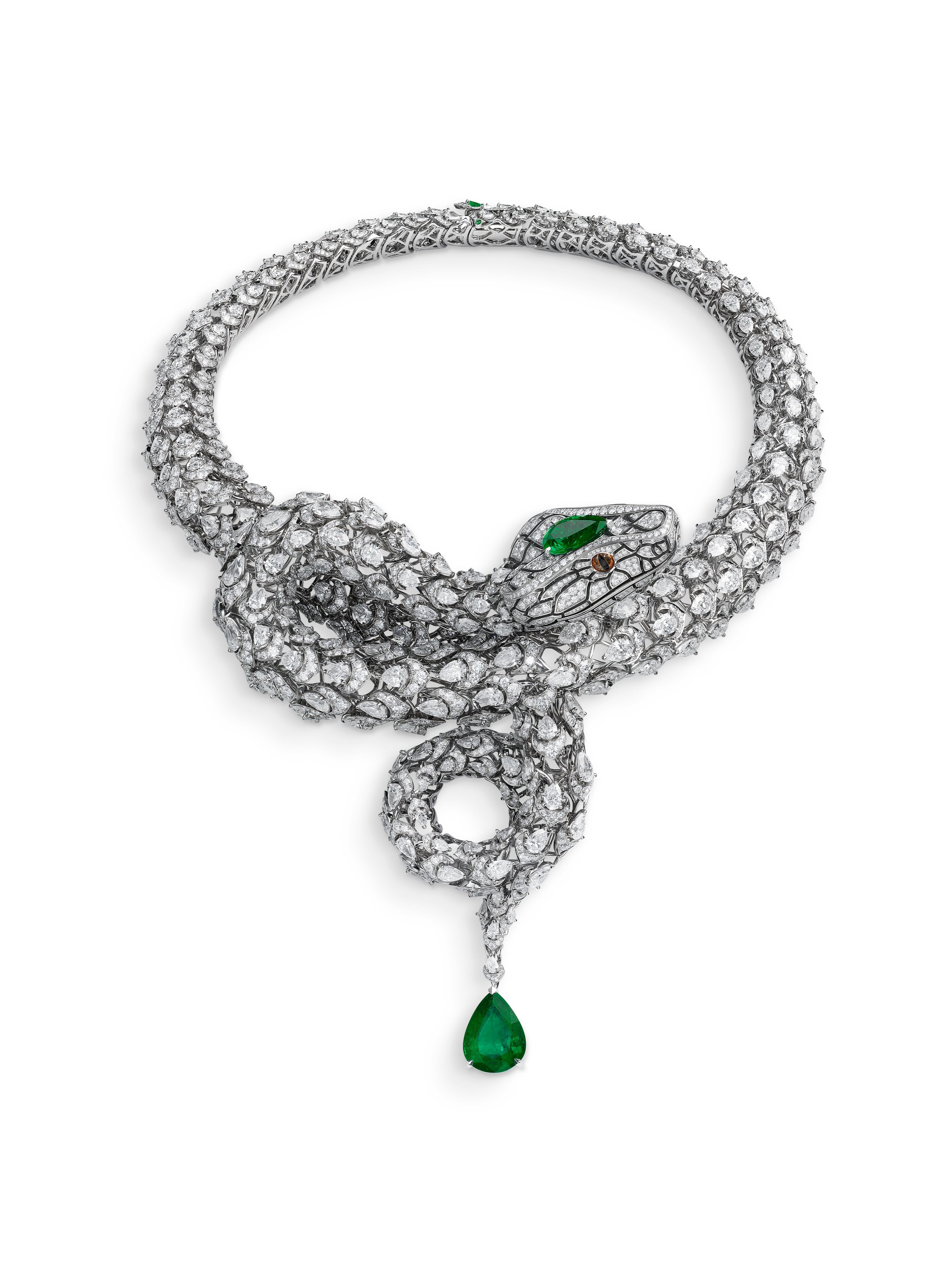 Chopard's Red Carpet Collection 2025, 'Caroline's Universe' - snake necklace crafted in ethical 18-carat white gold, set with over 87 carats of pear-shaped and brilliant-cut diamonds, accented with pear-shaped emeralds (11.93 cts). The eye features onyx and yellow sapphires.