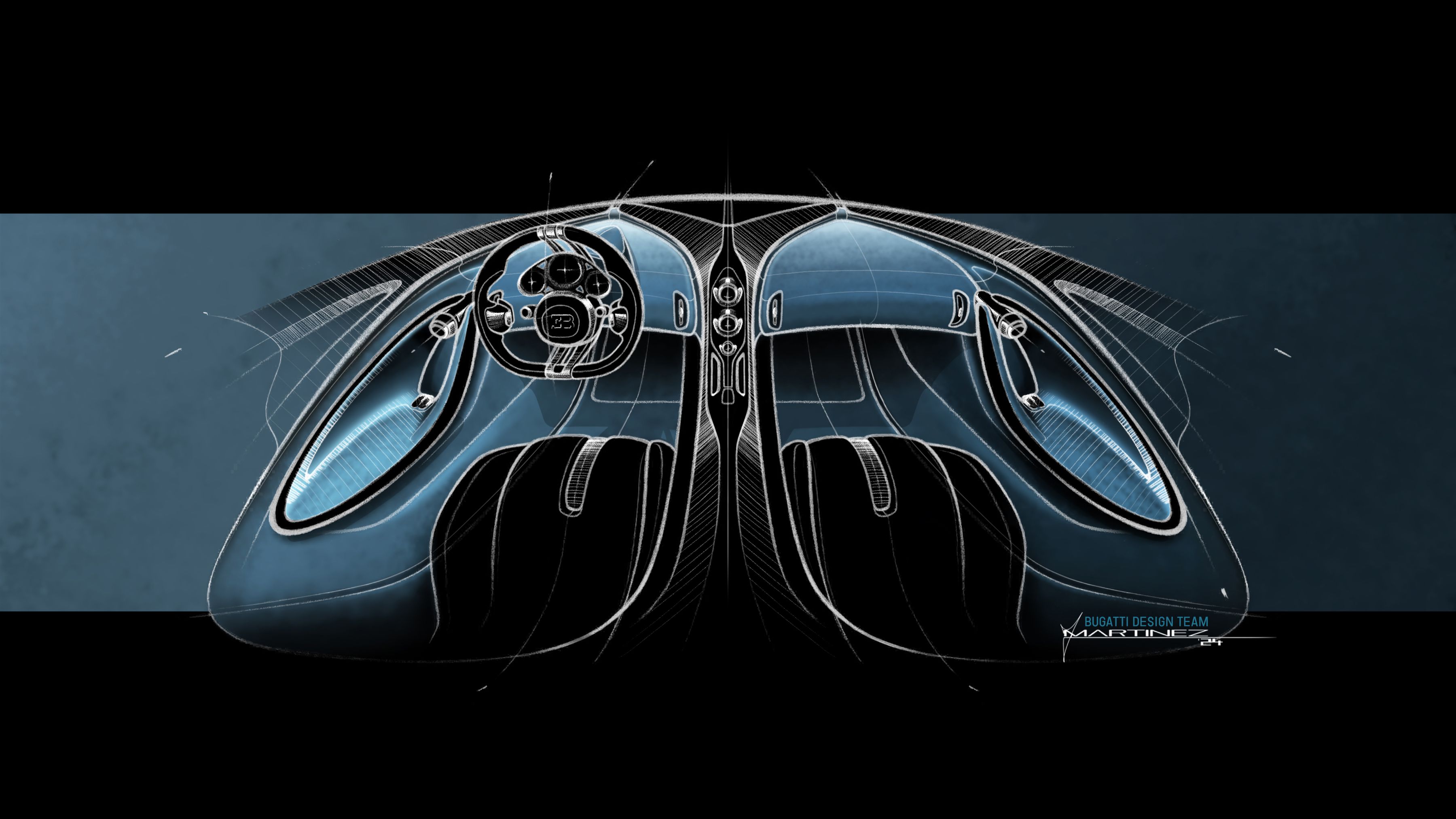Design sketch of the interior of the Bugatti Tourbillon.