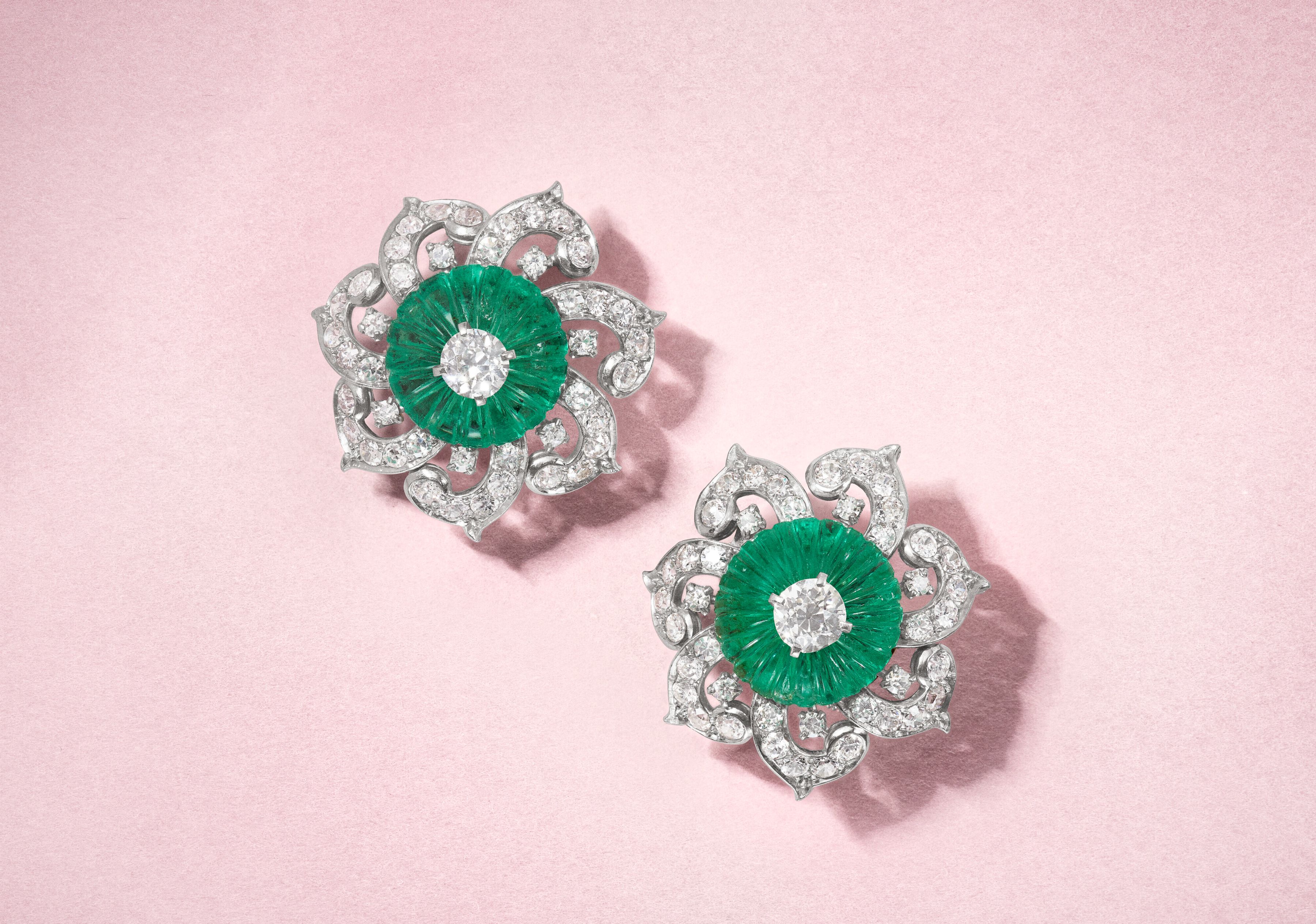 Cartier carved emerald and diamond earrings
