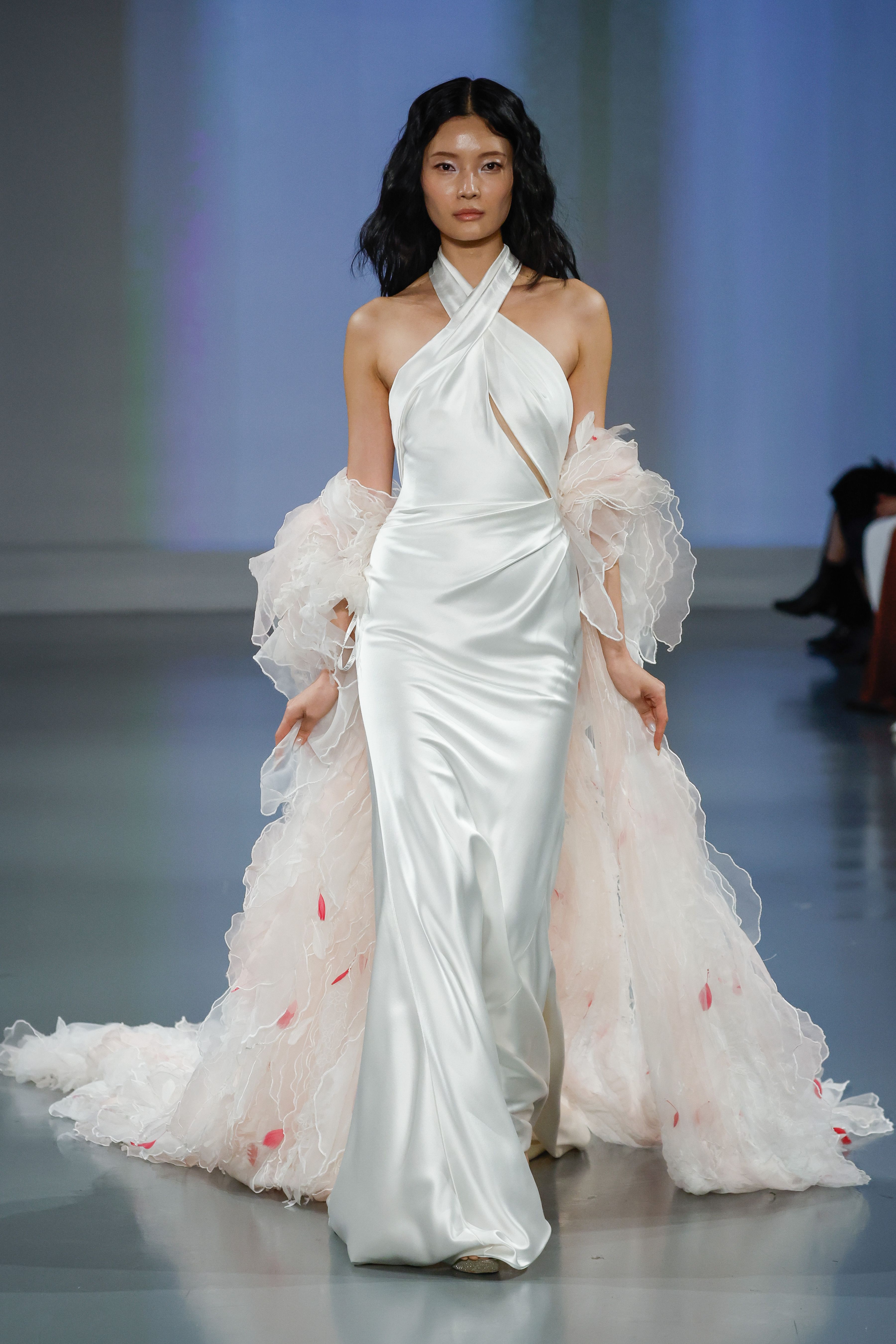 Ines Di Santo Couture Spring/Summer 2025—Ida - Halter neck sheath with draped skirt, peek-a-boo bodice and a blush coat.