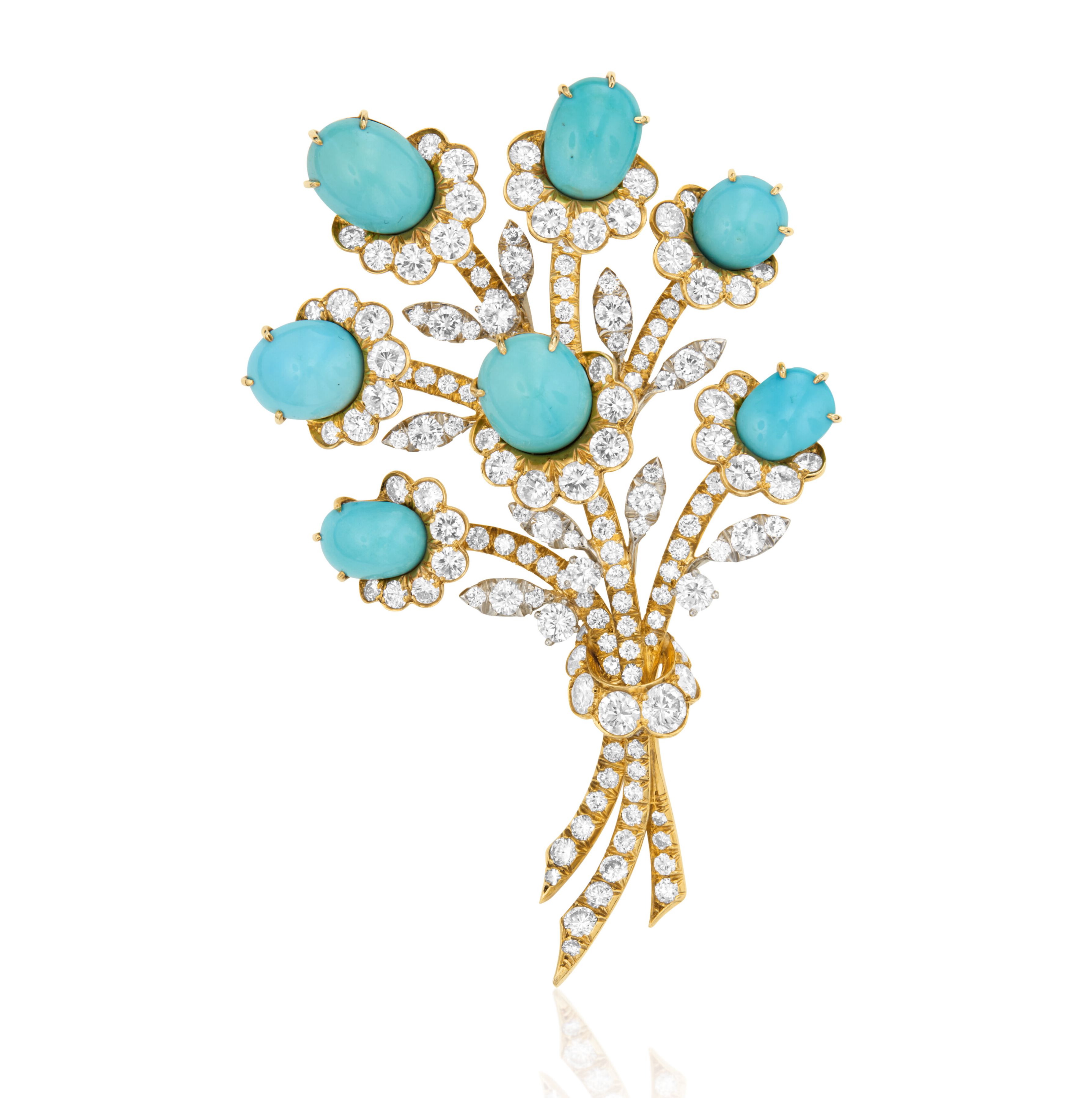 Oval cabochon turquoises and round diamond Brooch
