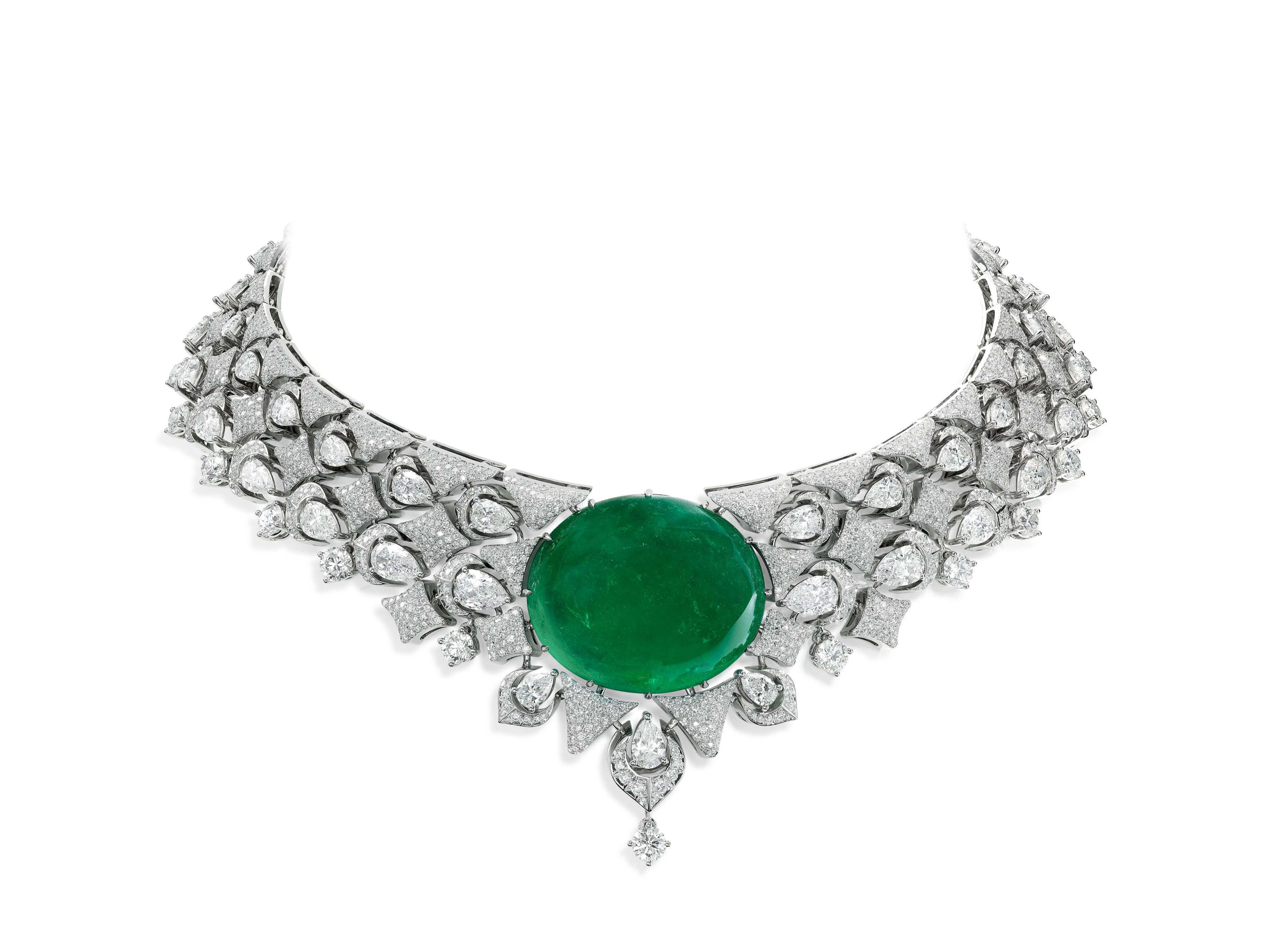 Chopard's Red Carpet Collection 2025, 'Caroline's Universe' - Necklace in ethical 18-carat white gold, set with an emerald cabochon weighing 129 carats as well as pear-shaped (28.85 cts) and brilliant-cut (21.56 cts) diamonds.