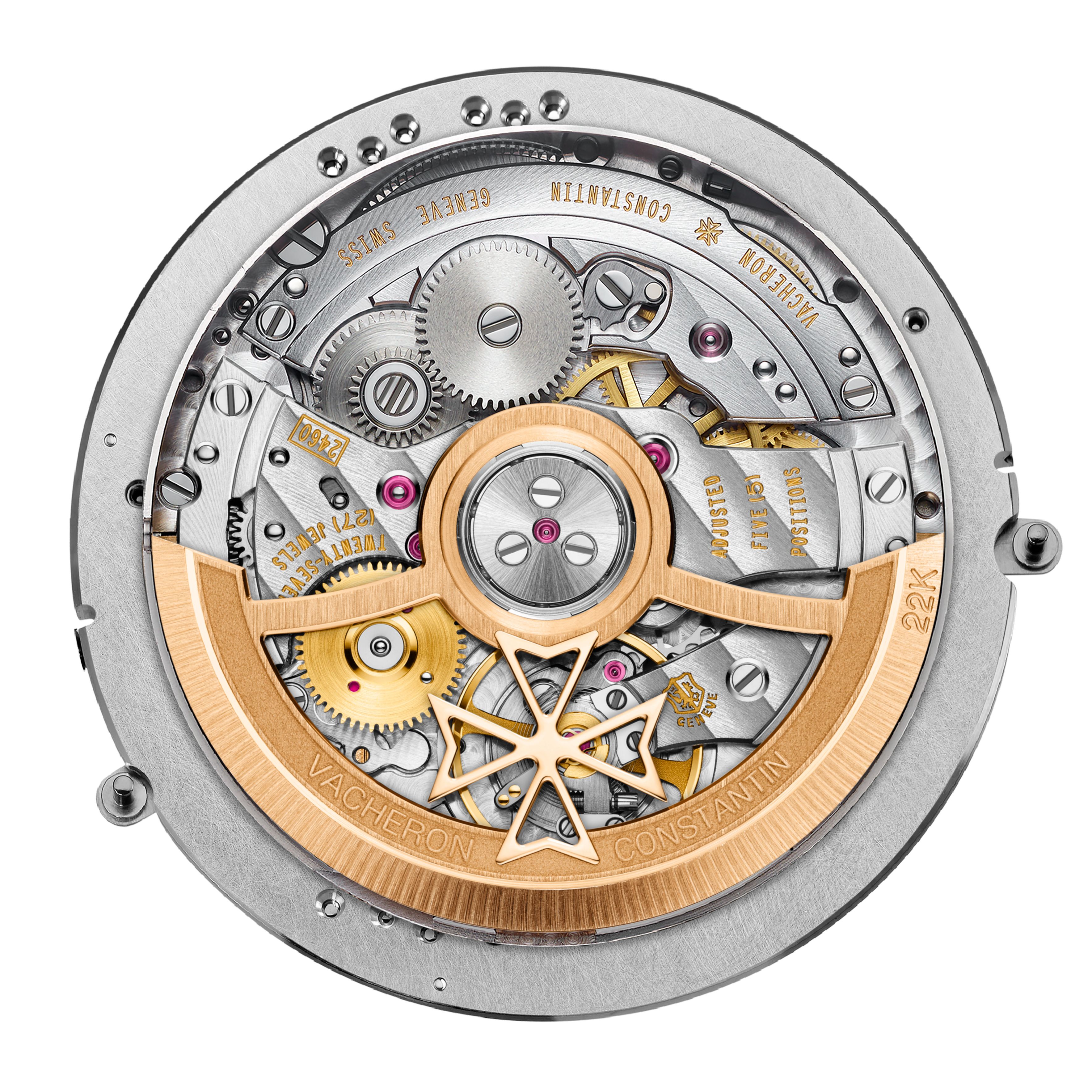 Vacheron Constantin's Calibre 2460 G4 features a hands-free display, offering a blank canvas for the maison's m&eacute;tiers d'art experts to showcase their artistry.