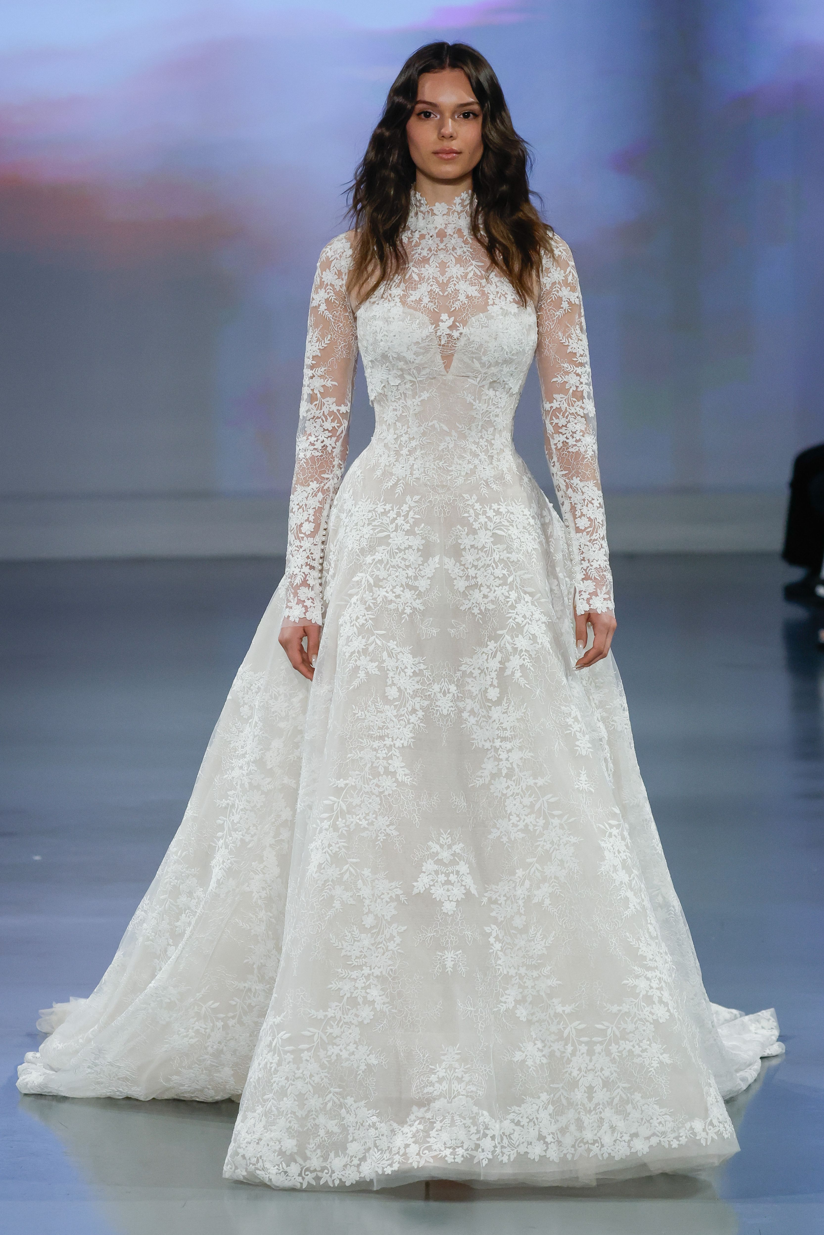 Ines Di Santo Couture Spring/Summer 2025—Agatha - Strapless split neck corset airy A-line with Basque waist gown with high neck long sleeve bolero.