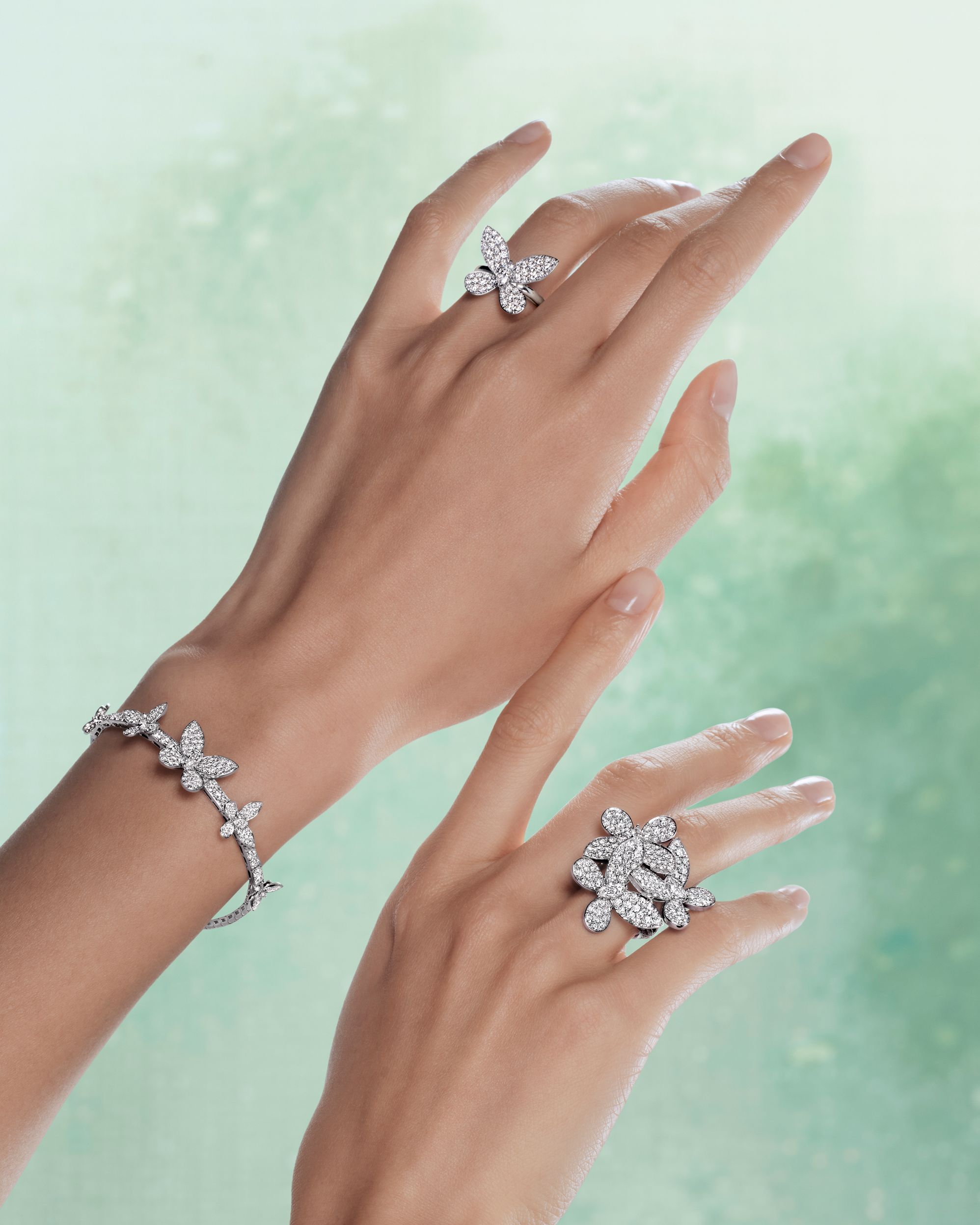 Graff Butterfly collection of necklaces, rings, bracelets and earrings designs play with rhythm and balance,