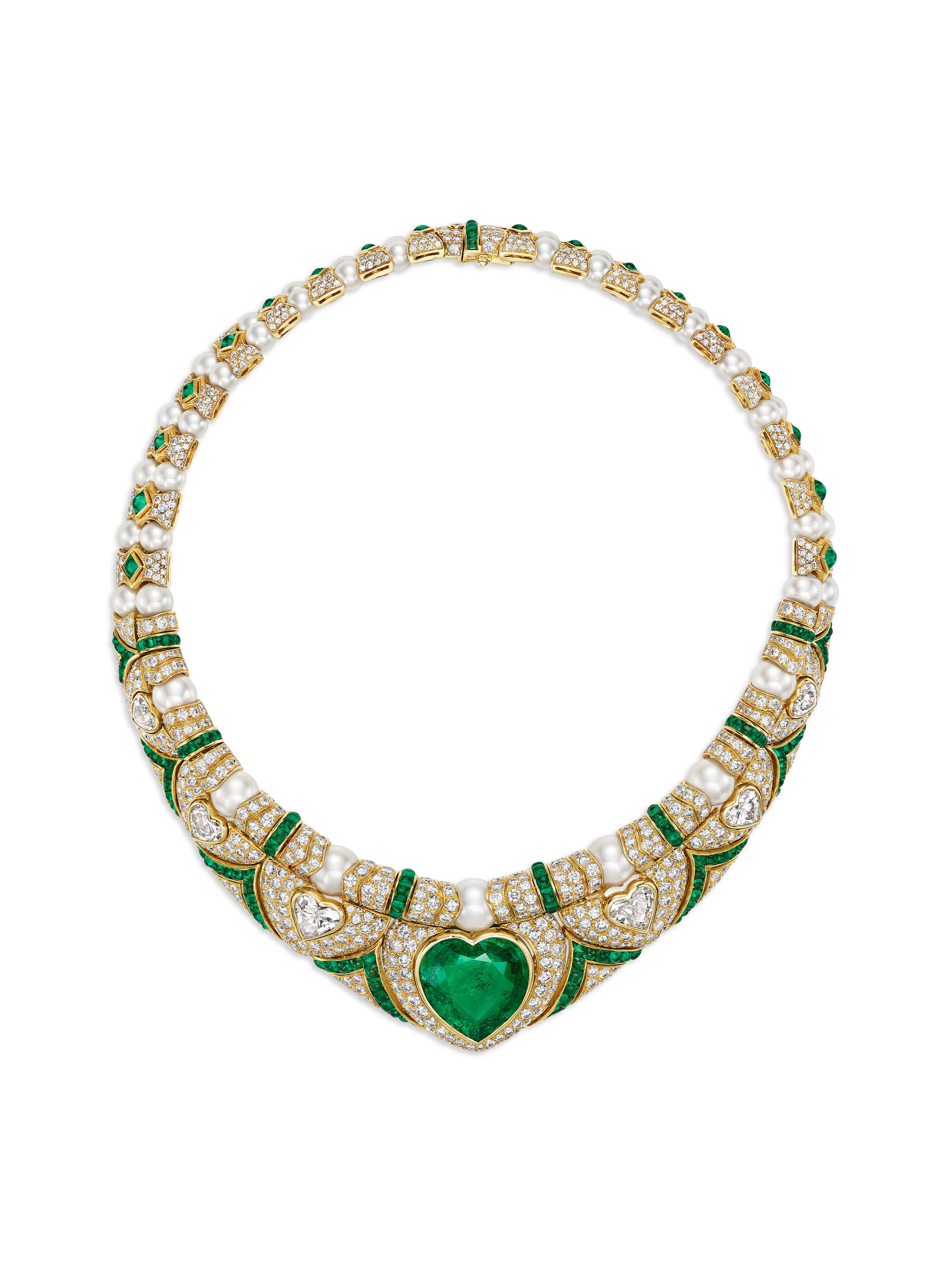 Bulgari emerald, cultured pearl, and diamond necklace