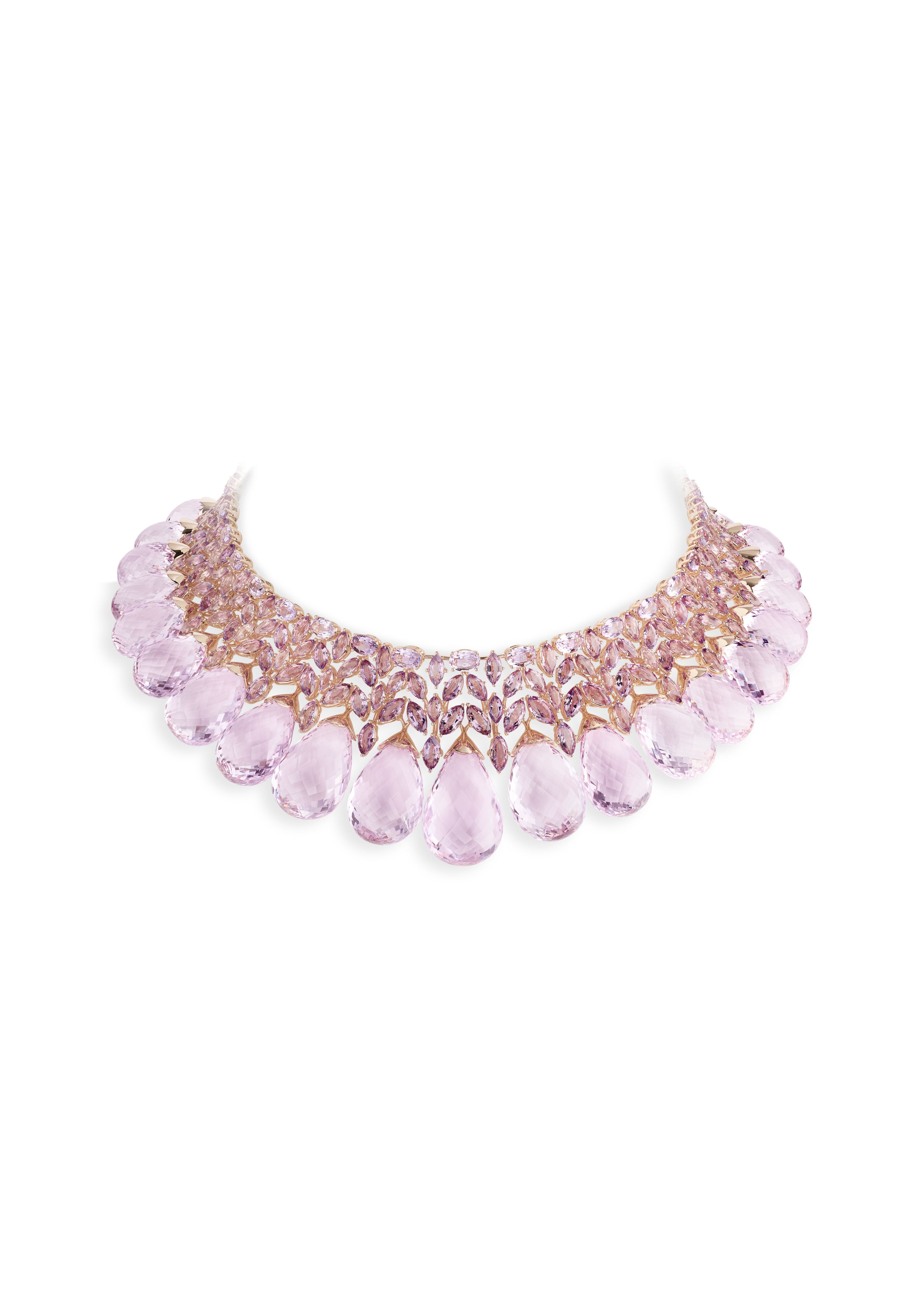 Chopard's Red Carpet Collection 2025, 'Caroline's Universe' - Necklace in ethical 18-carat rose gold featuring 23 kunzite briolettes (479 cts) and set with marquise-cut (59.59 cts) and oval-shaped (13.33 cts) amethysts.