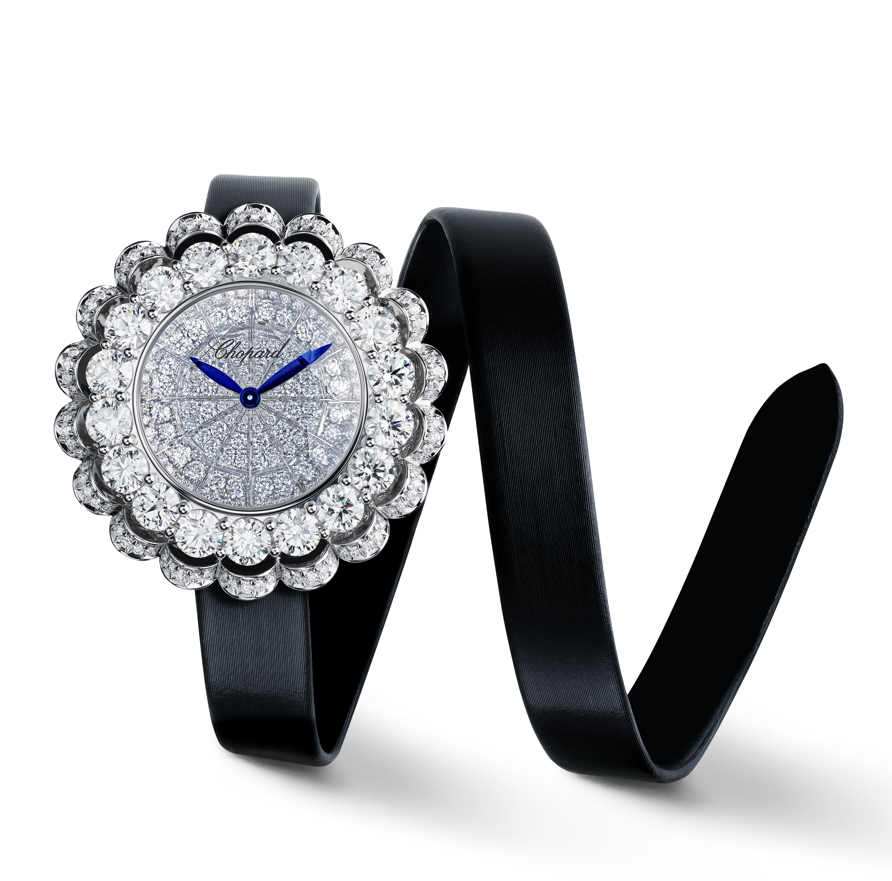 Chopard's Red Carpet Collection 2025, 'Caroline's Universe' - Lady's jewellery watch in ethical 18-carat white gold set with brilliant-cut diamonds (8.41 cts), on a double-tour satin strap.