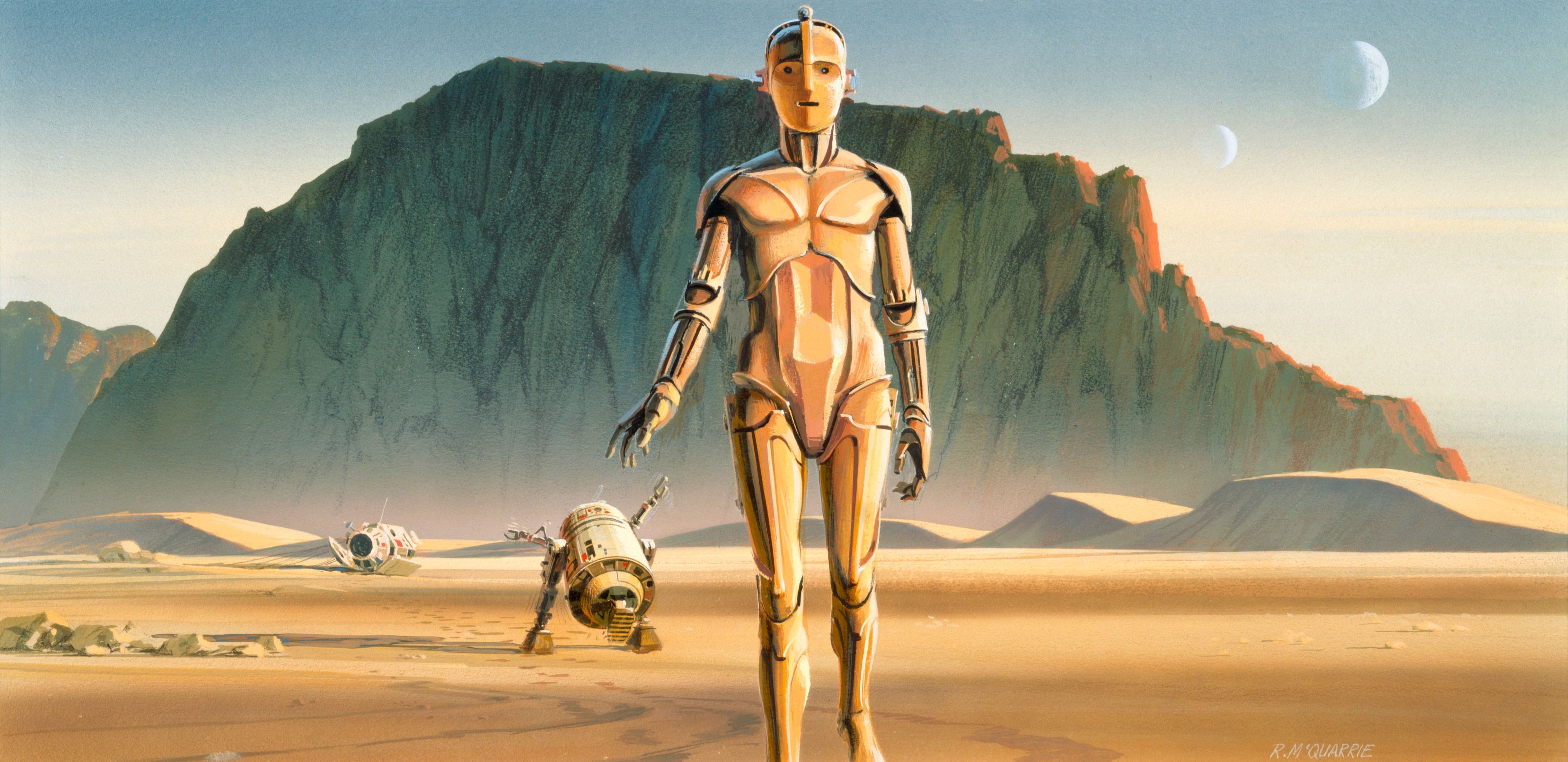 Ralph McQuarrie, production painting for Star Wars Episode IV: A New Hope (Artoo and Threepio leave the pod in the desert), January 31, 1975, Lucas Museum of Narrative Art, Los Angeles,