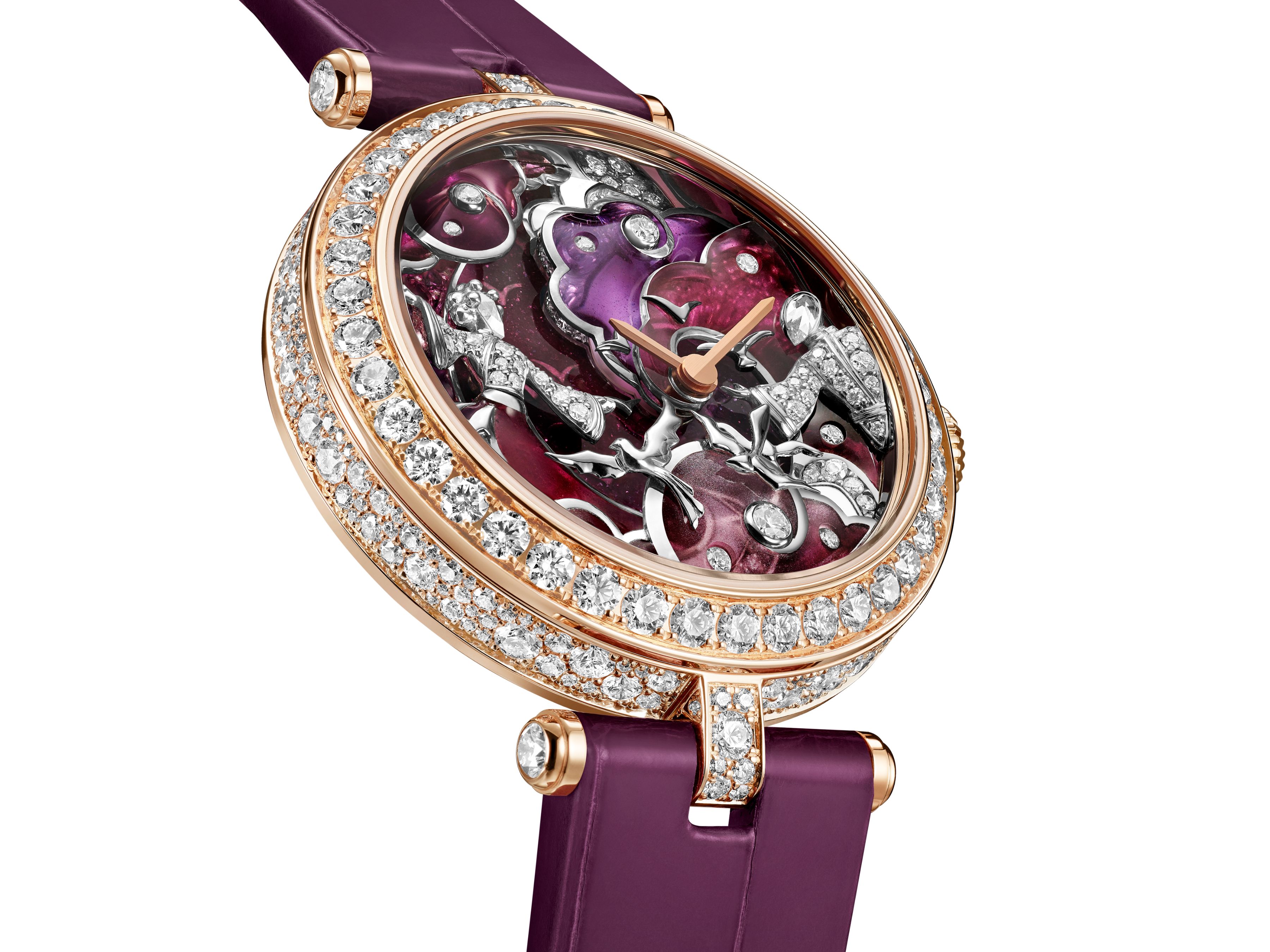 Van Cleef - Lady Retrouvailles Célestes watch Rose gold, white gold, pink sapphires, white mother-of-pearl, diamonds, enamel, miniature painting,
manual-winding mechanical movement