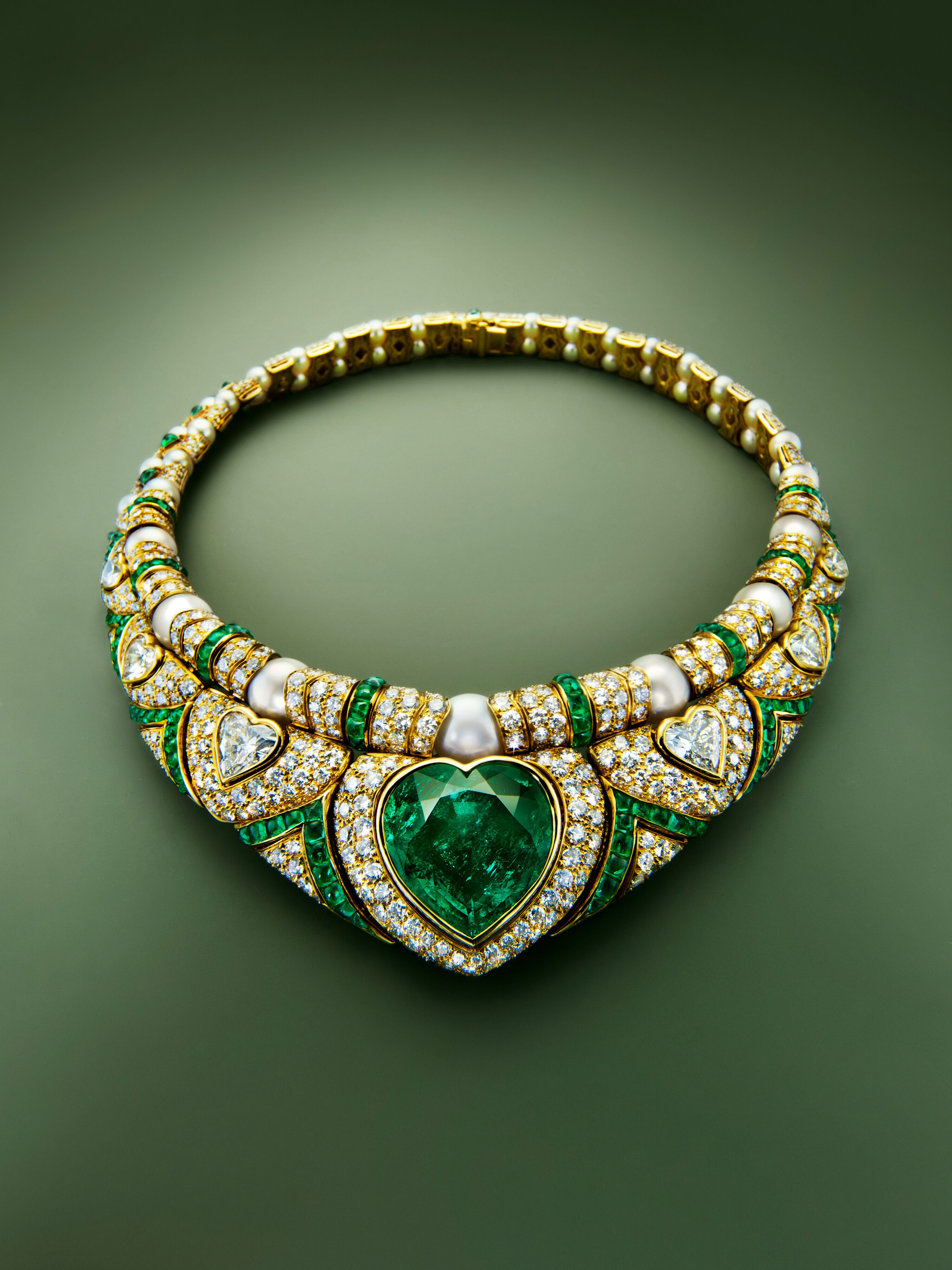 Bulgari emerald, cultured pearl, and diamond necklace