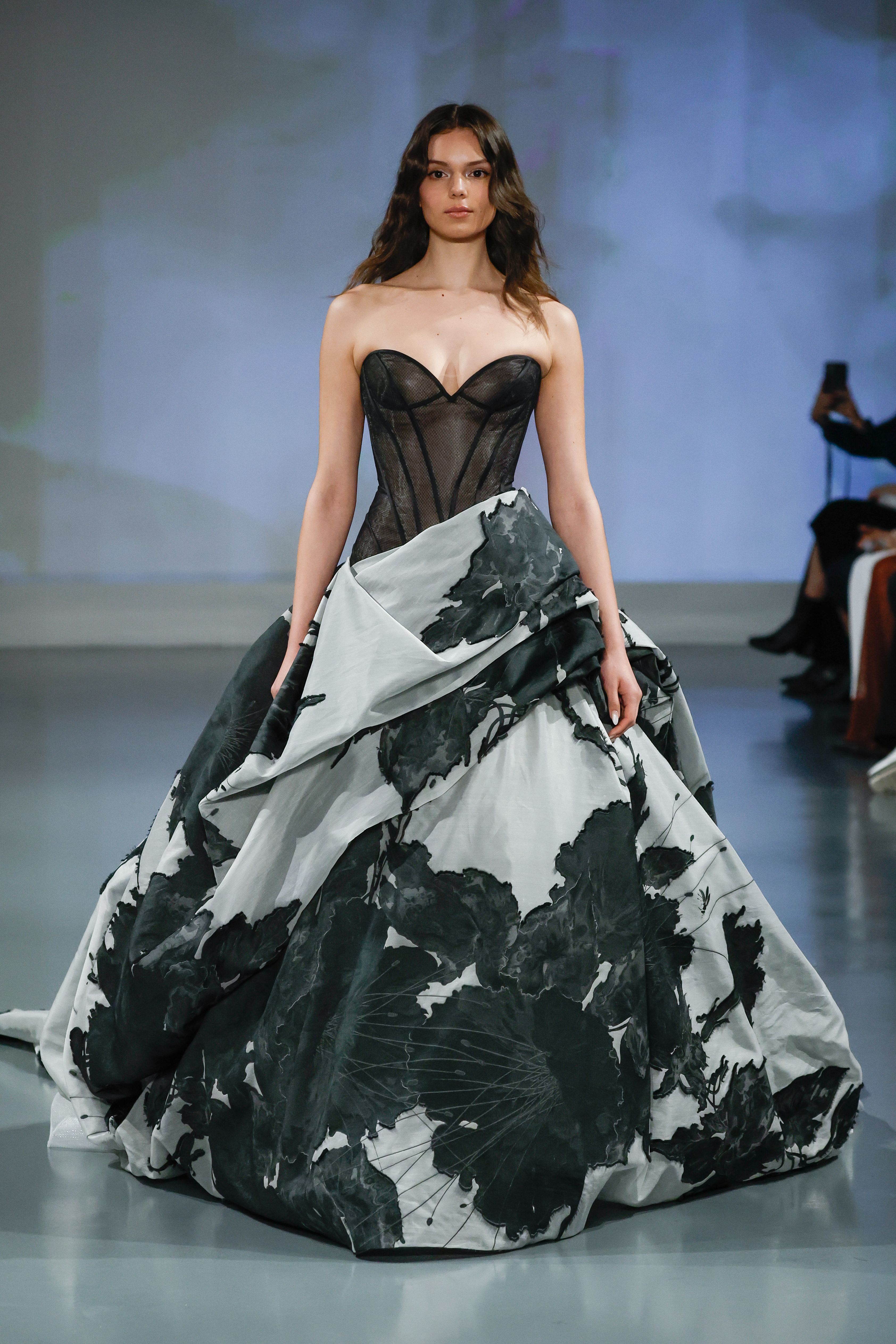 Ines Di Santo Couture Spring/Summer 2025—Persephone—Strapless corset with hand-draped ballgown skirt and long train.