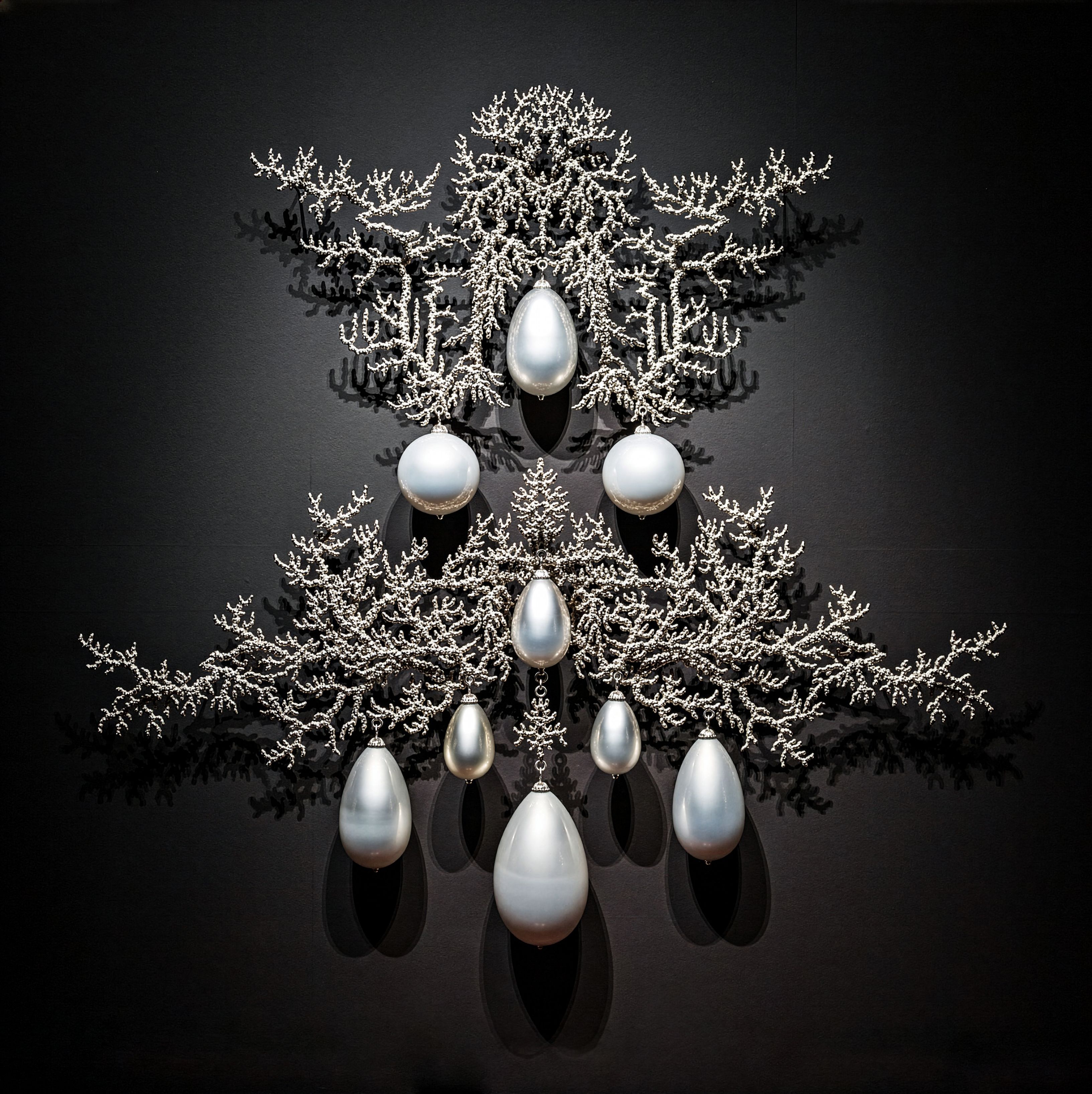 Gorgonia, 15, 2018, nickel-plated bronze, mirrored blown glass, 84 x 90 x 9 in / 214 x 228 x 24 cm. Collection: Powerhouse Museum, Sydney. Inspired by a 17th-century earring pattern and 19th-century studies of coral.