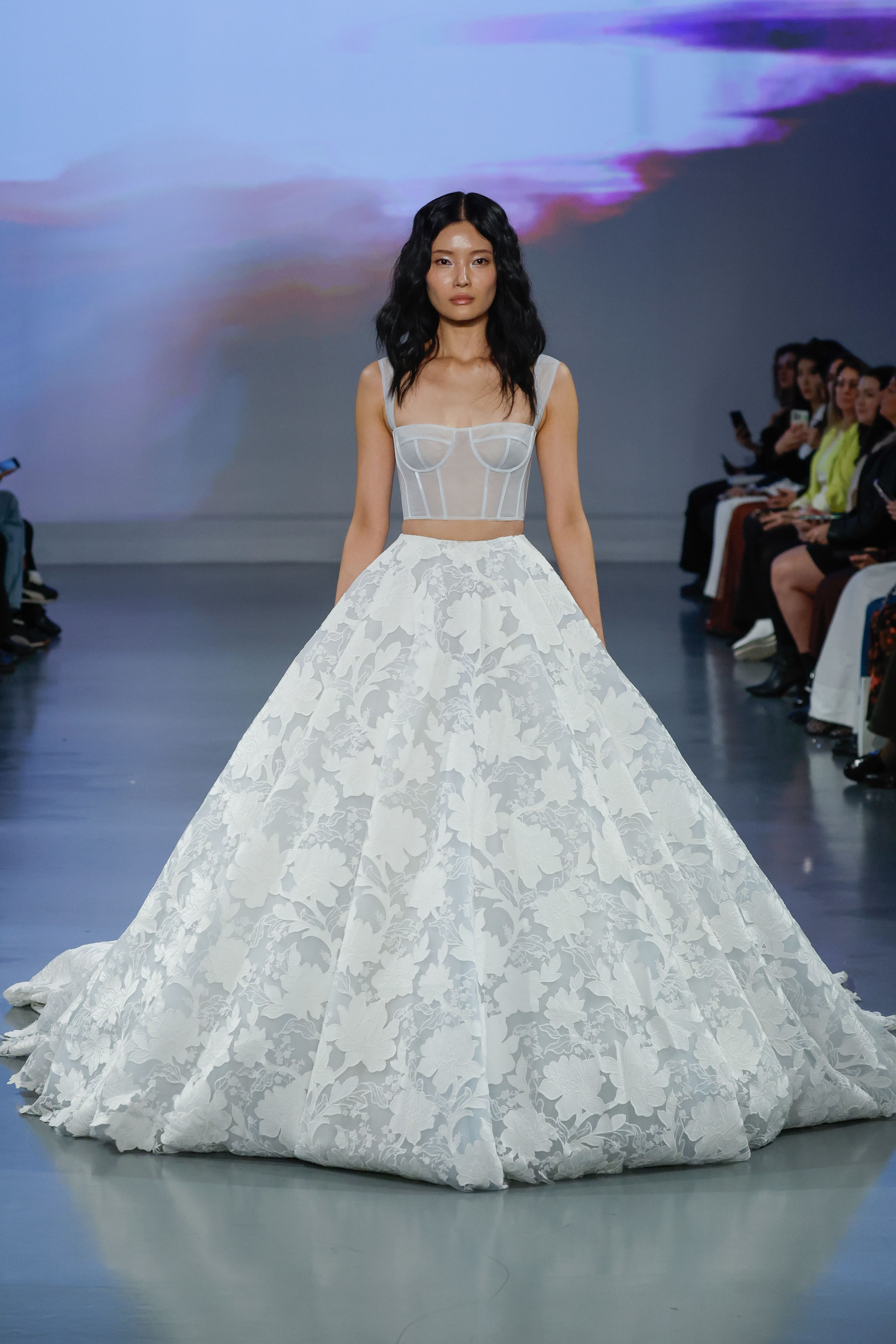 Ines Di Santo Couture Spring/Summer 2025—March—This two-piece ensemble features a skirt with intricate appliqués on a luxurious organza paired with a versatile corset.