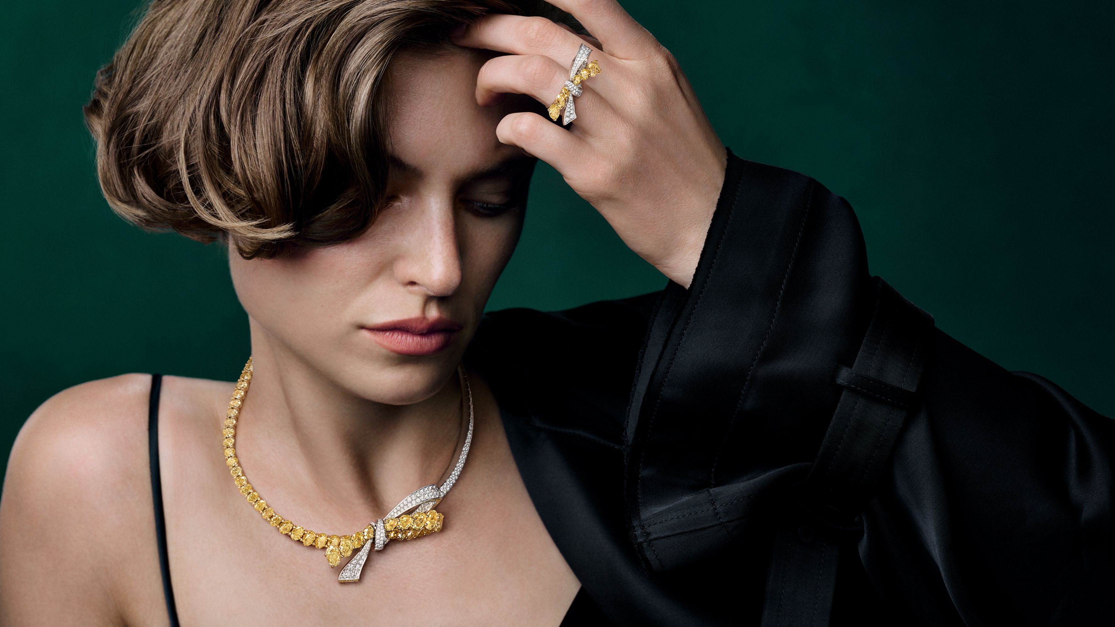 Striking High Jewelry Tilda's Bow suite features Fancy Intense Yellow diamonds.