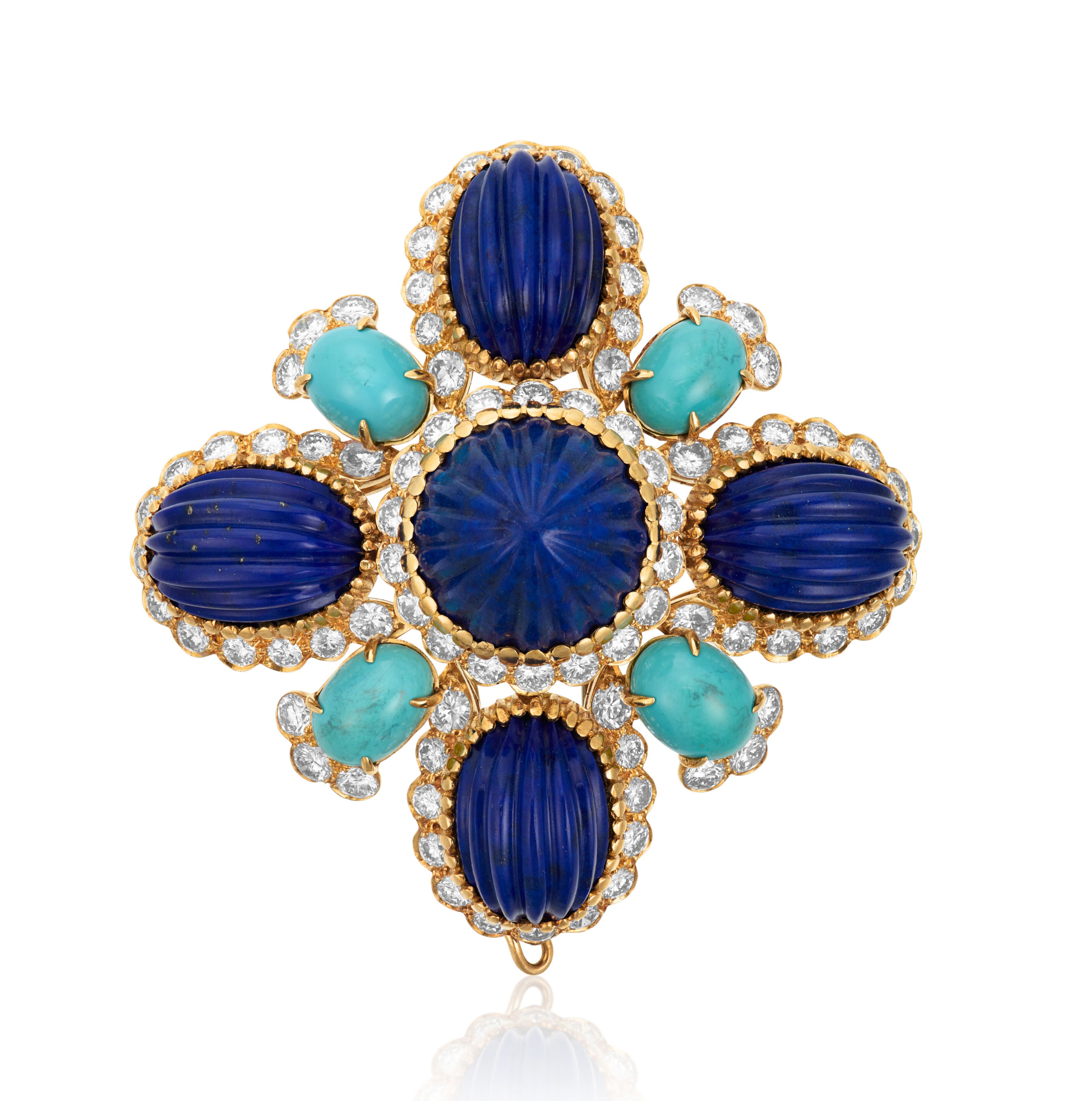 Van Cleef & Arpels Lapis Lazuli, Turquoise and Diamond Pendant Brooch, $20,000-30,000