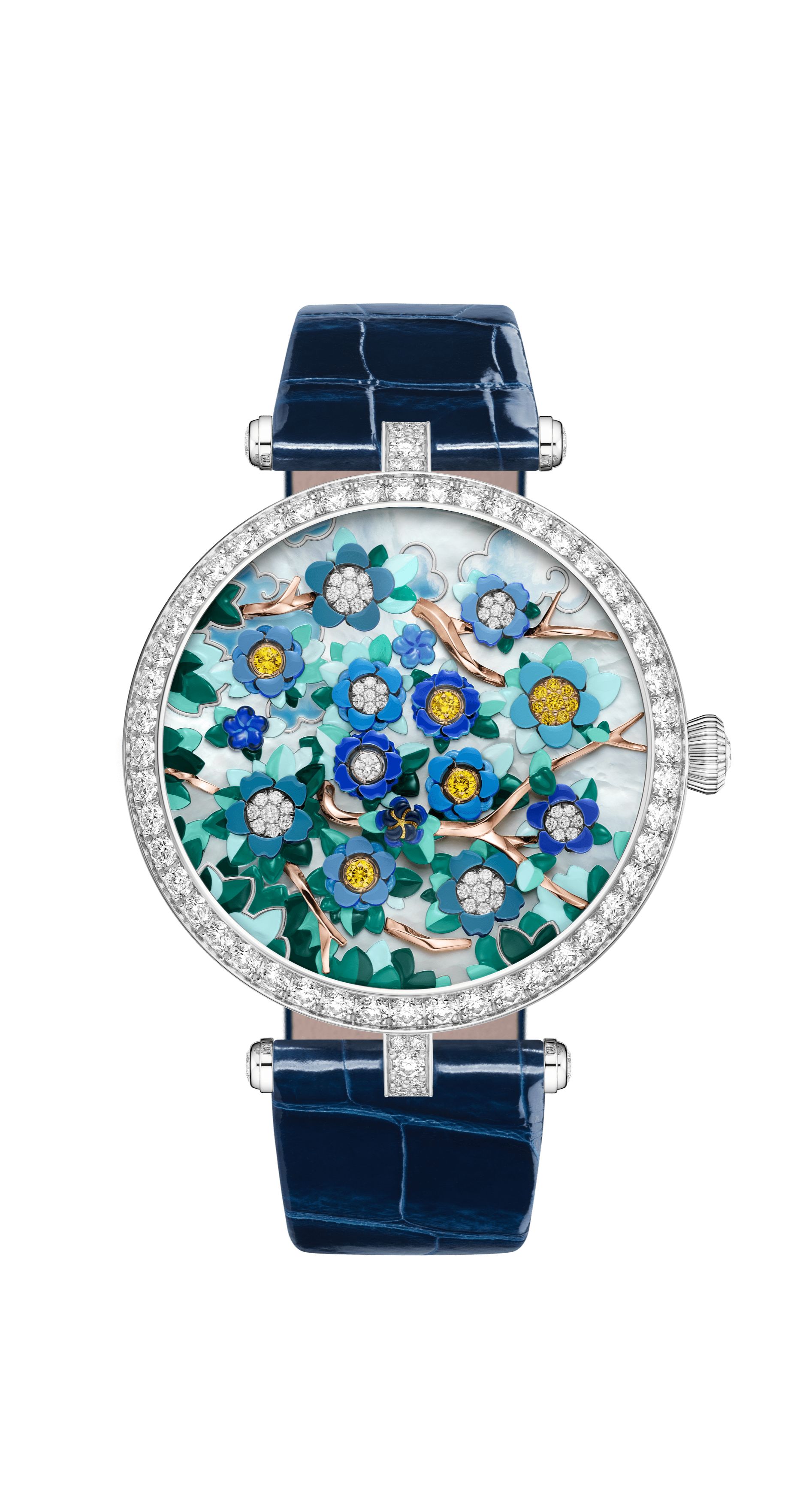 Van Cleef - Lady Arpels Heures Florales watch - 18K white gold, Diamond, Mother-of-pearl