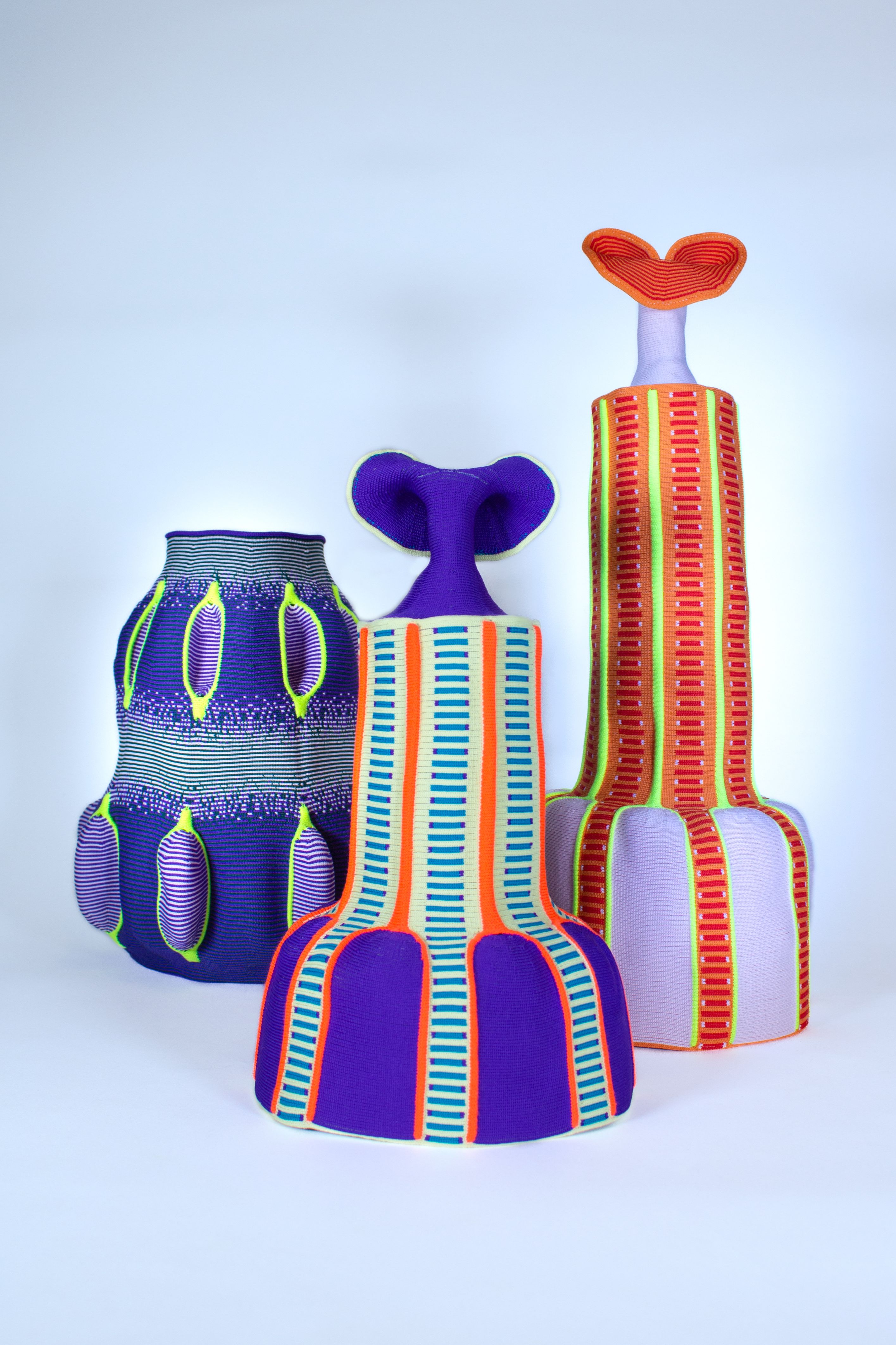 Gaspard Fleury-Dugy soft knitted objects in colorful textile forms.