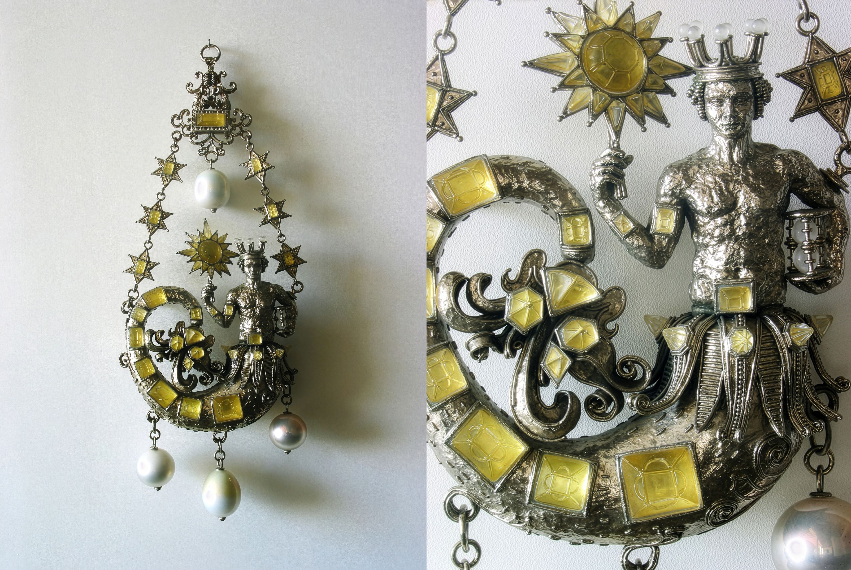 The Little Merman, 2002, Cast lead crystal, nickel-plated bronze, Easter egg foil, mirrored blown glass, 54.25 x 19.75 x 7.75 inches. Collection: Miss College Art Museum. Inspired by a 16th-century Italian pendant belonging to the Medici family.