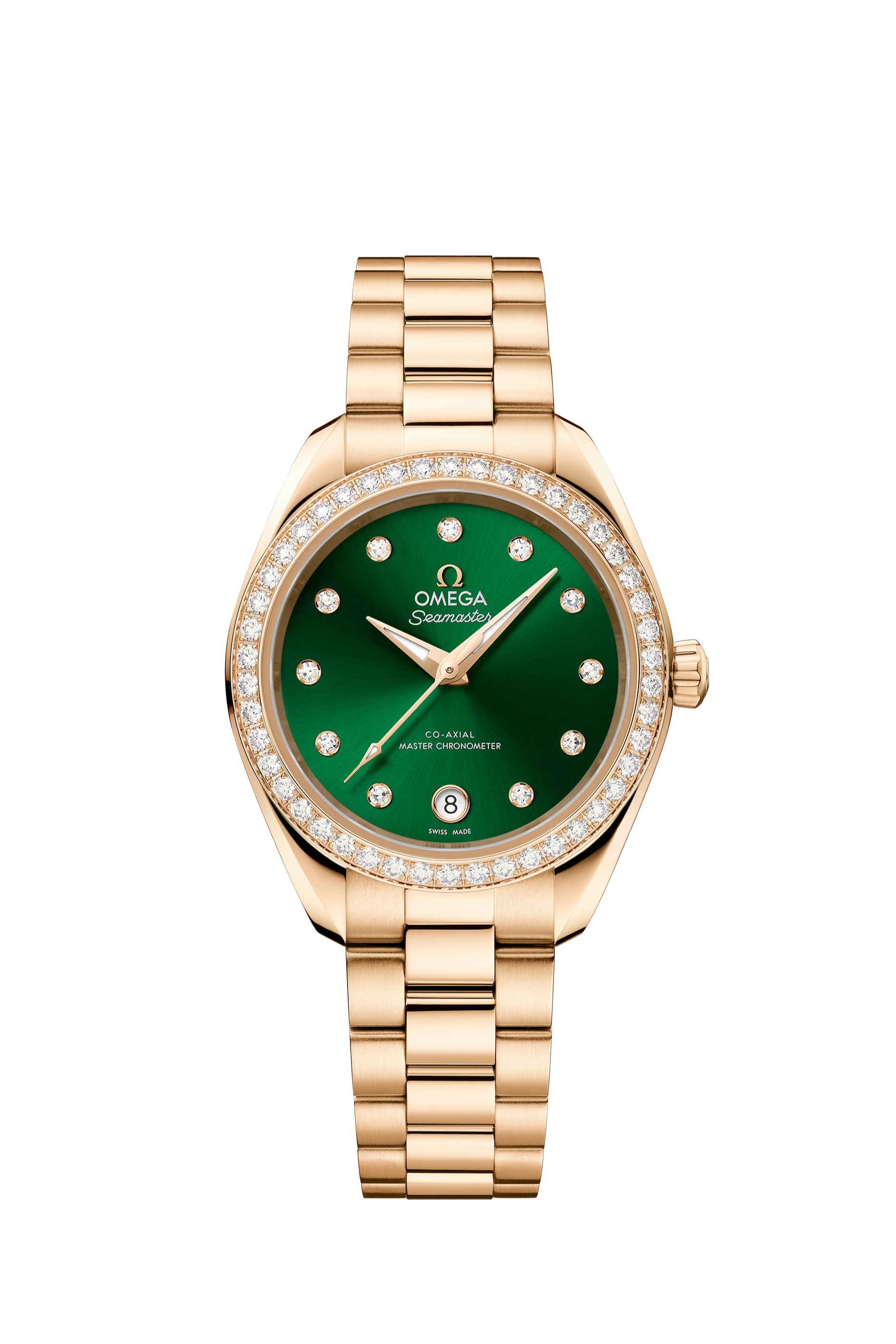 Omega 30 mm Seamaster Aqua Terra in 18K Moonshine&trade; Gold with a diamond-set bezel on an 18K Moonshine&trade; Gold bracelet.