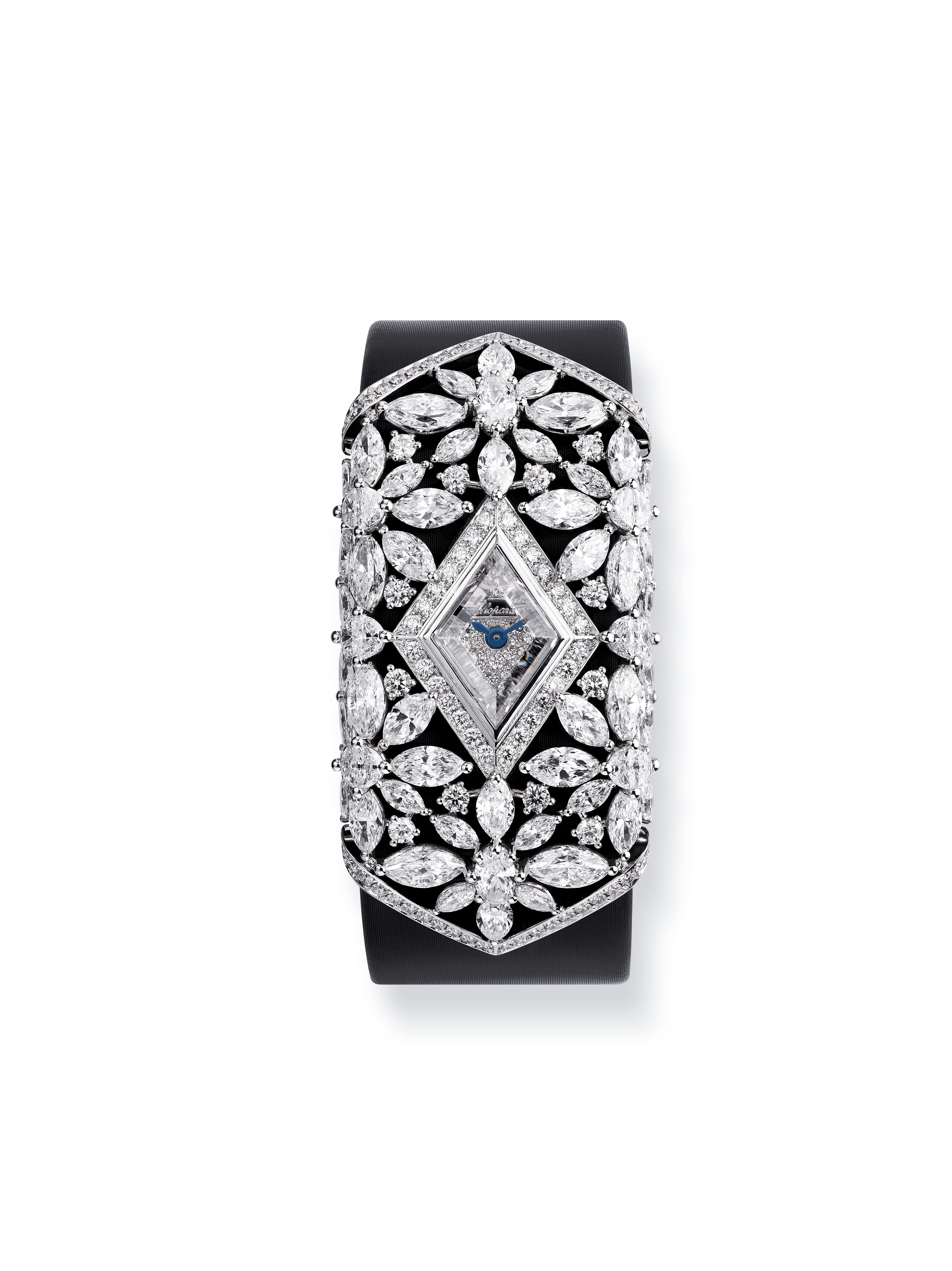 Chopard's Red Carpet Collection 2025, 'Caroline's Universe'&mdash;a lady's jewelry watch featuring a lozenge-shaped portrait-cut diamond instead of the traditional sapphire crystal, crafted in ethical 18-carat white gold with diamond-set floral motifs (15.29 cts), on a satin strap.