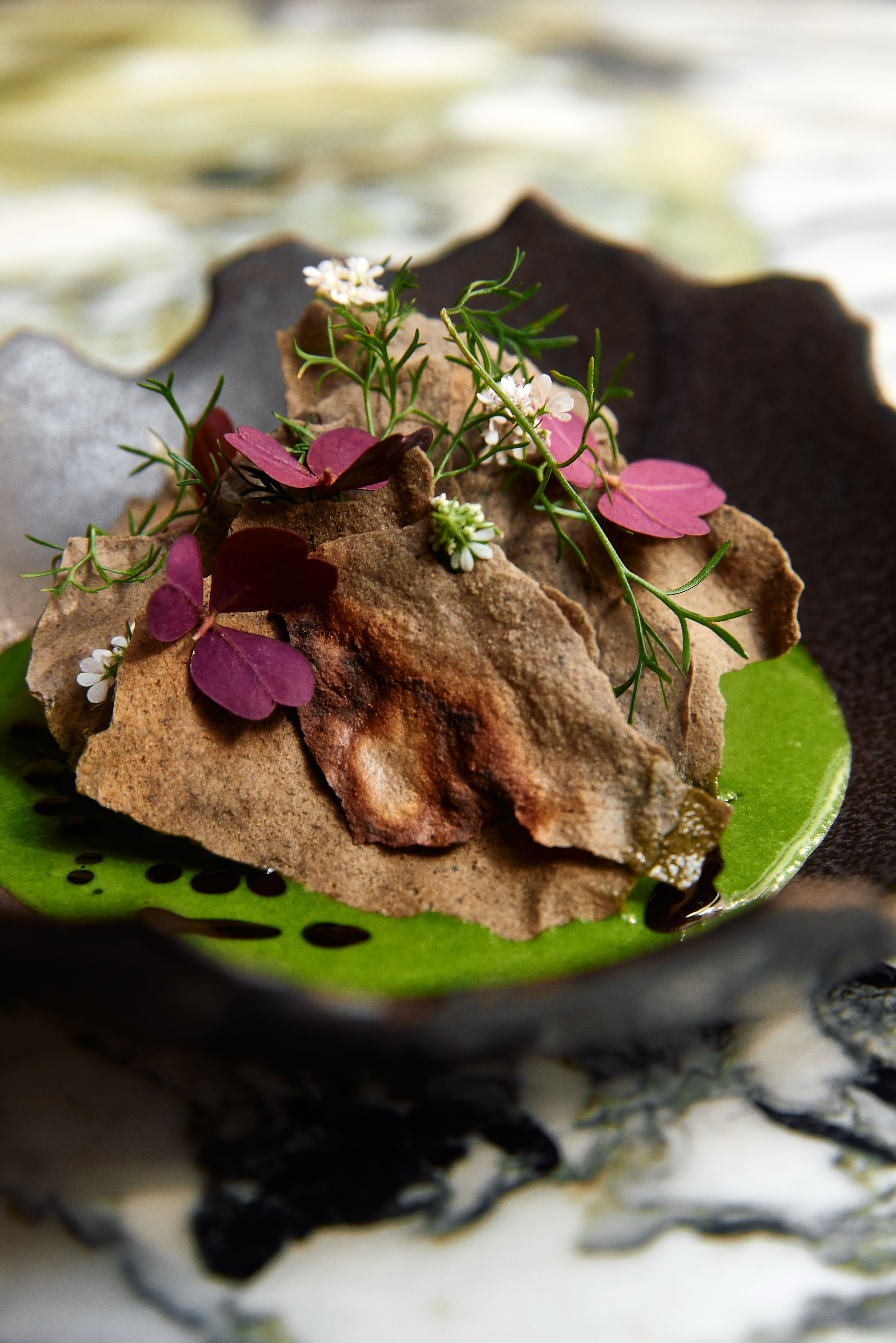 Quintonil, Mexico City Stone crab in pipián verde with sunflower seeds, makrut lime and Thai basil, blue corn tostadas