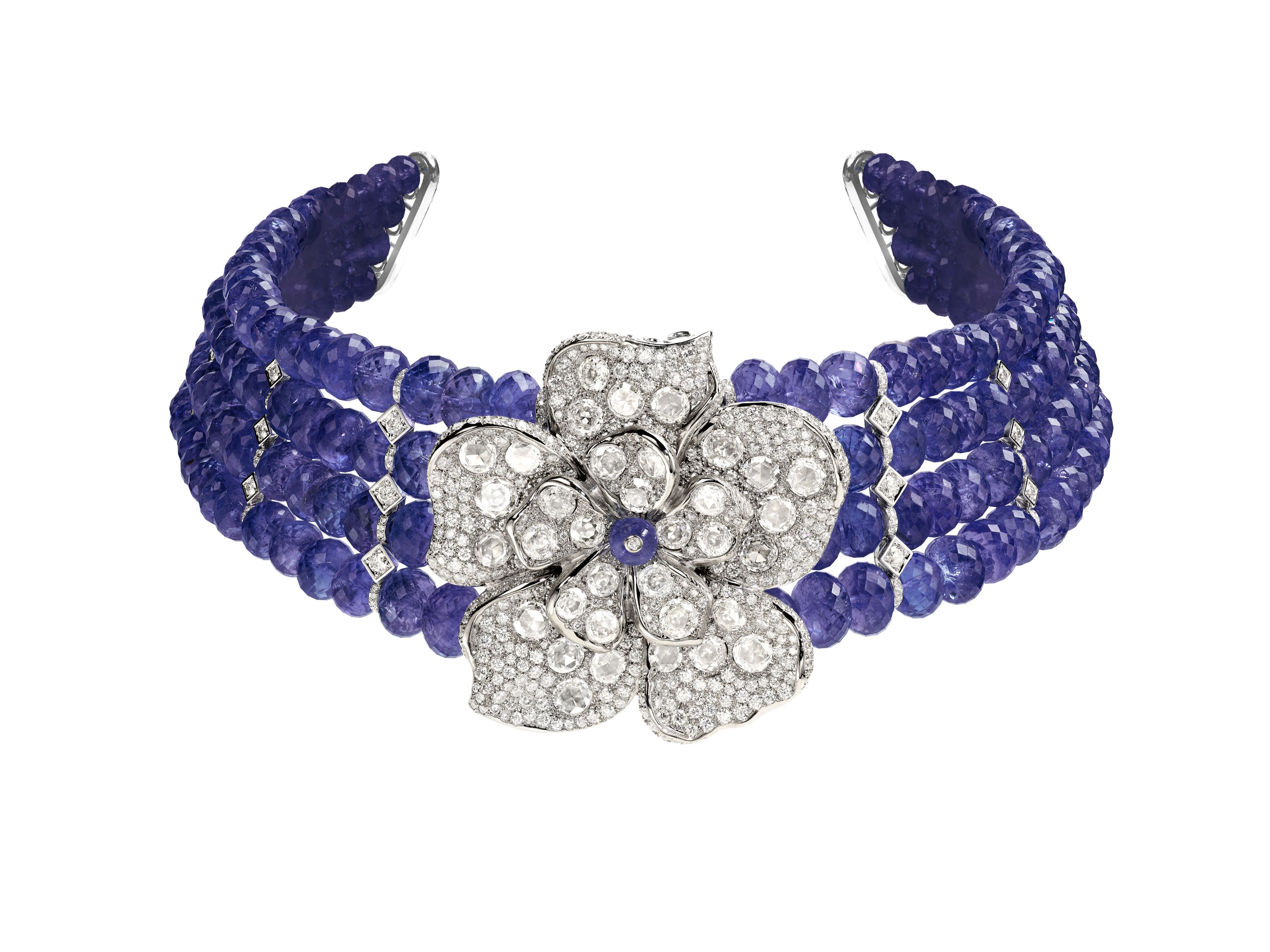 Chopard's Red Carpet Collection 2025, 'Caroline's Universe' - Choker composed of tanzanite beads (599.50 cts) featuring a floral motif in ethical 18-carat white gold set with brilliant-cut diamonds (20.79 cts).