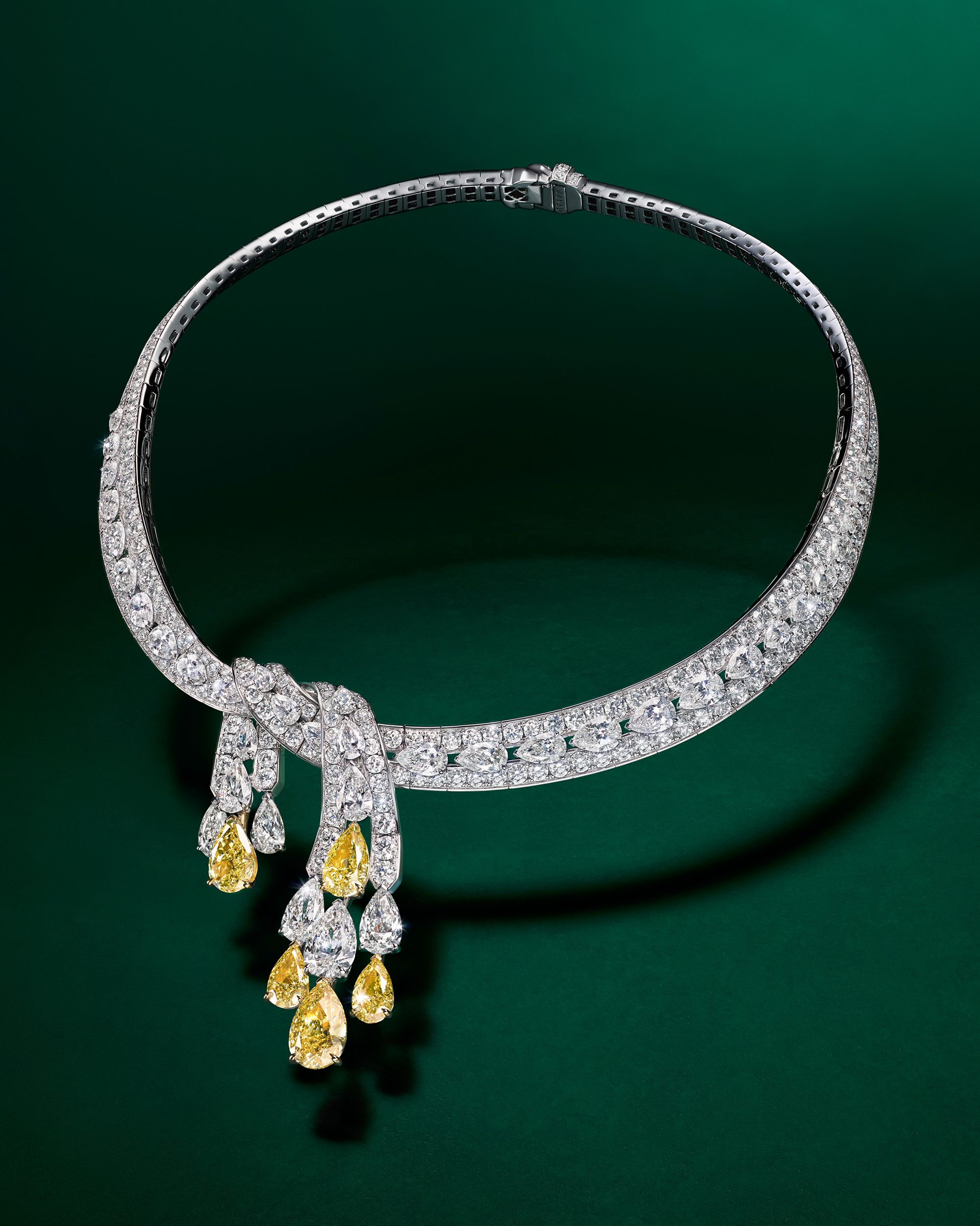 A Graff High Jewelry necklace of pear-shaped Fancy Yellow diamonds.