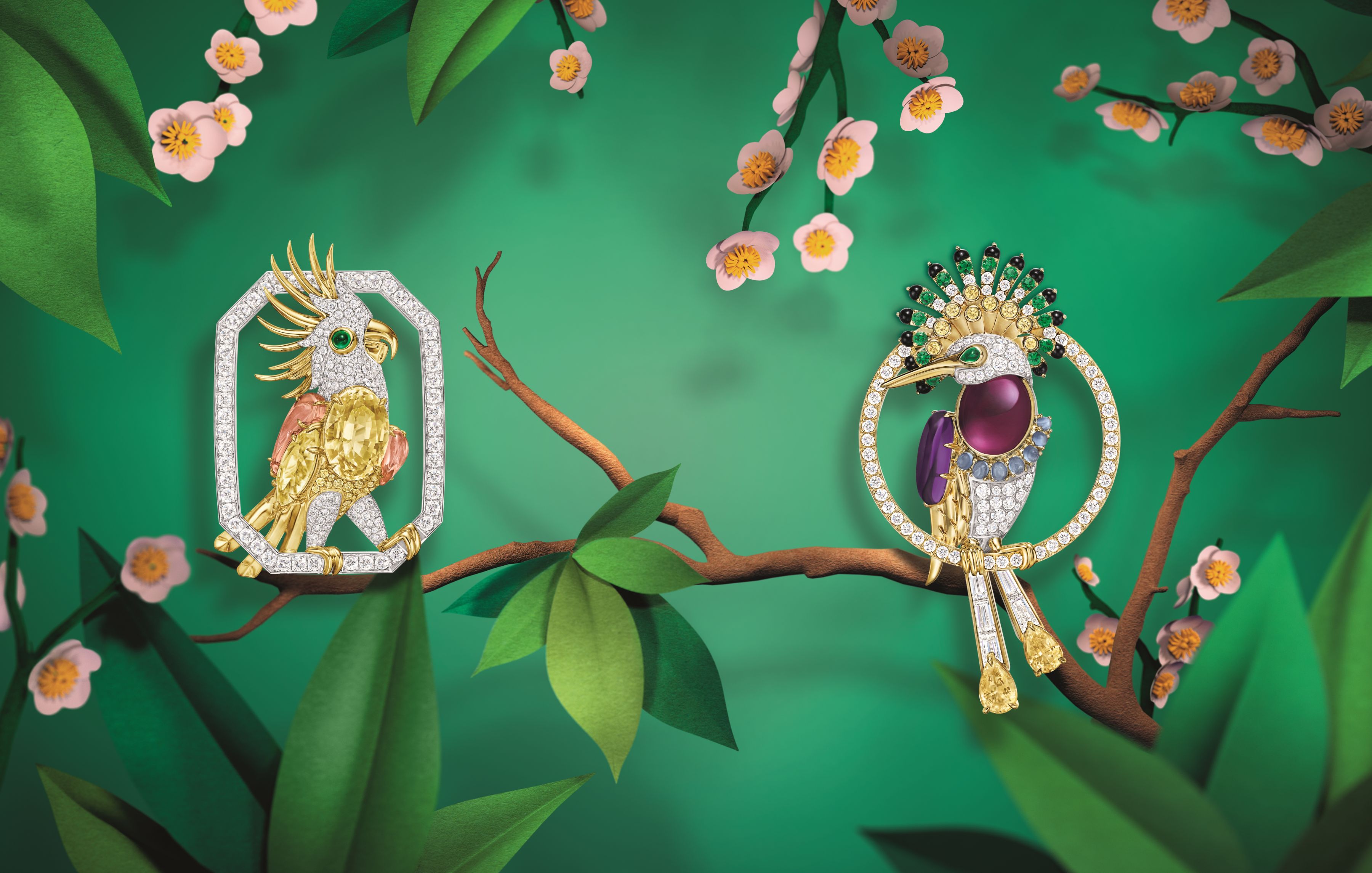 Harry Winston Golden Cockatoo Brooch & Exotic Bird Brooch