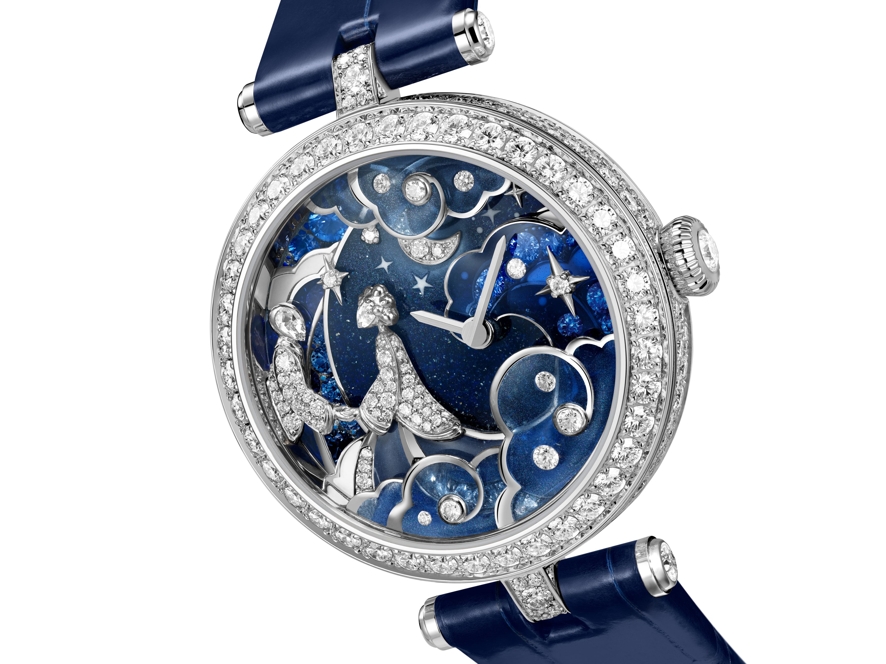 VanCleef - Lady Rencontre Céleste watch White gold, sapphires, white mother-of-pearl, diamonds, enamel, miniature painting, manual-winding mechanical movement
