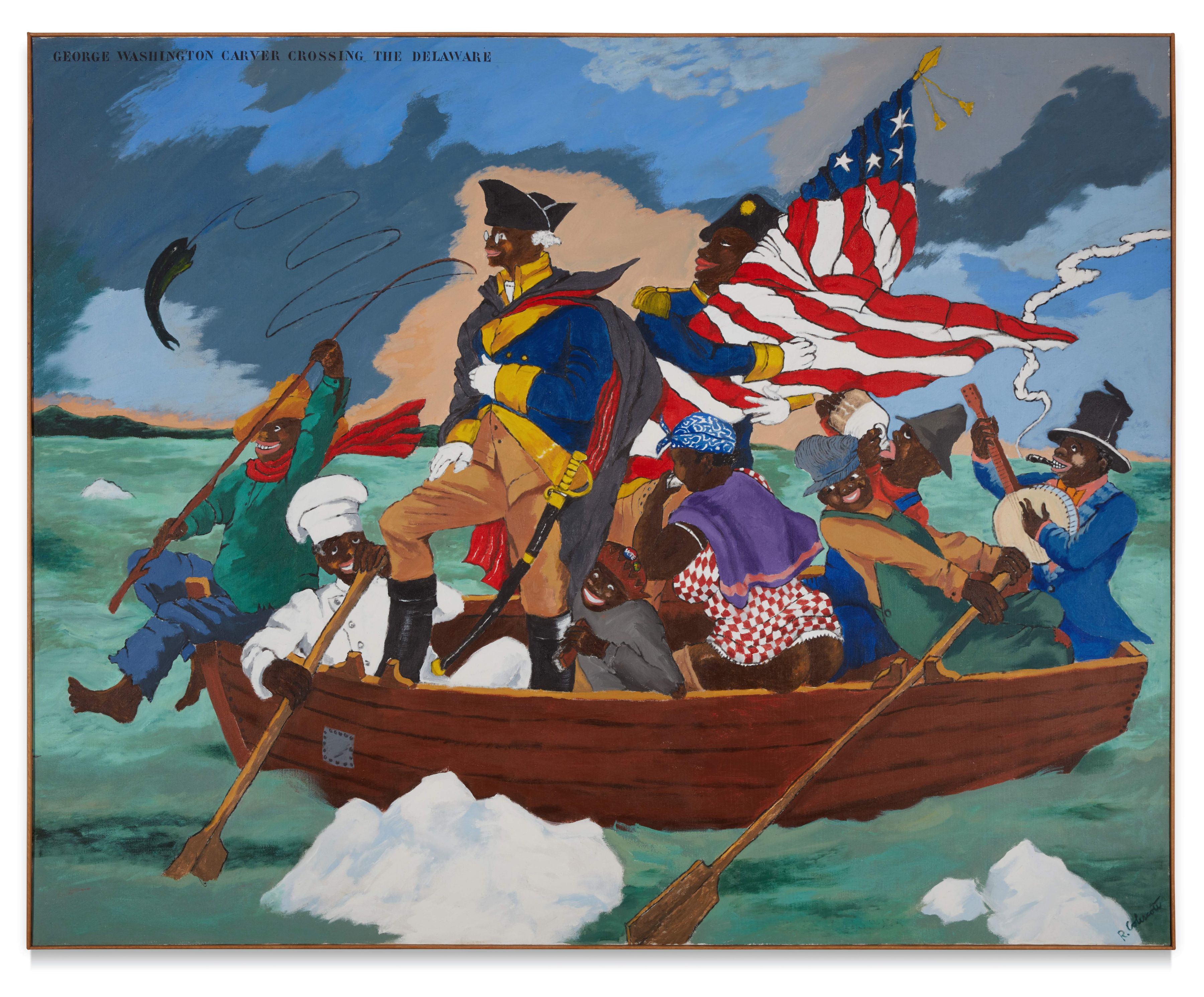 Robert Colescott, George Washington Carver Crossing the Delaware: Page from an American History Textbook, 1975, Lucas Museum of Narrative Art, Los Angeles, © 2021 The Robert H. Colescott Separate Property Trust/Artists Rights Society (ARS), New York.