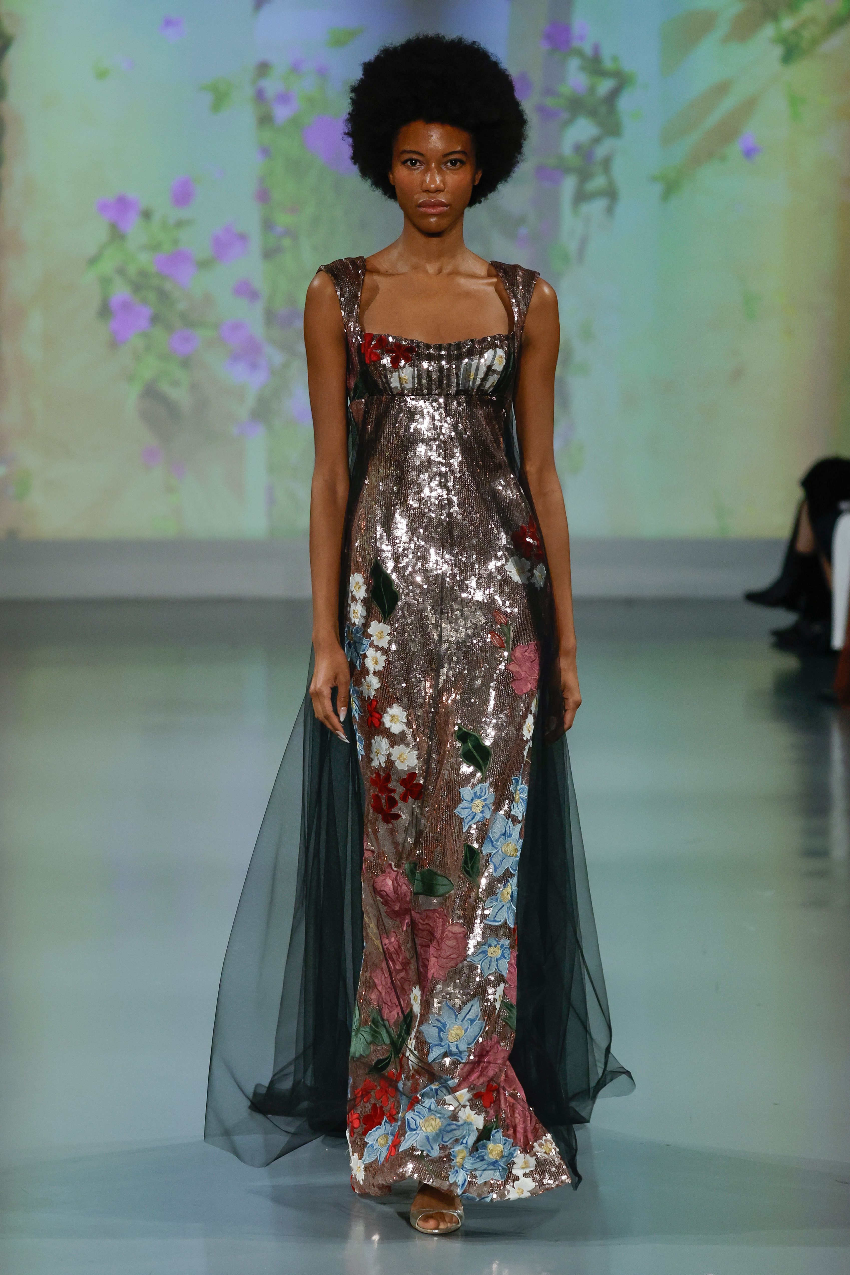 Ines Di Santo Couture Spring/Summer 2025—Parvati - Cap sleeve sheath with velvet appliqués and tulle cage.