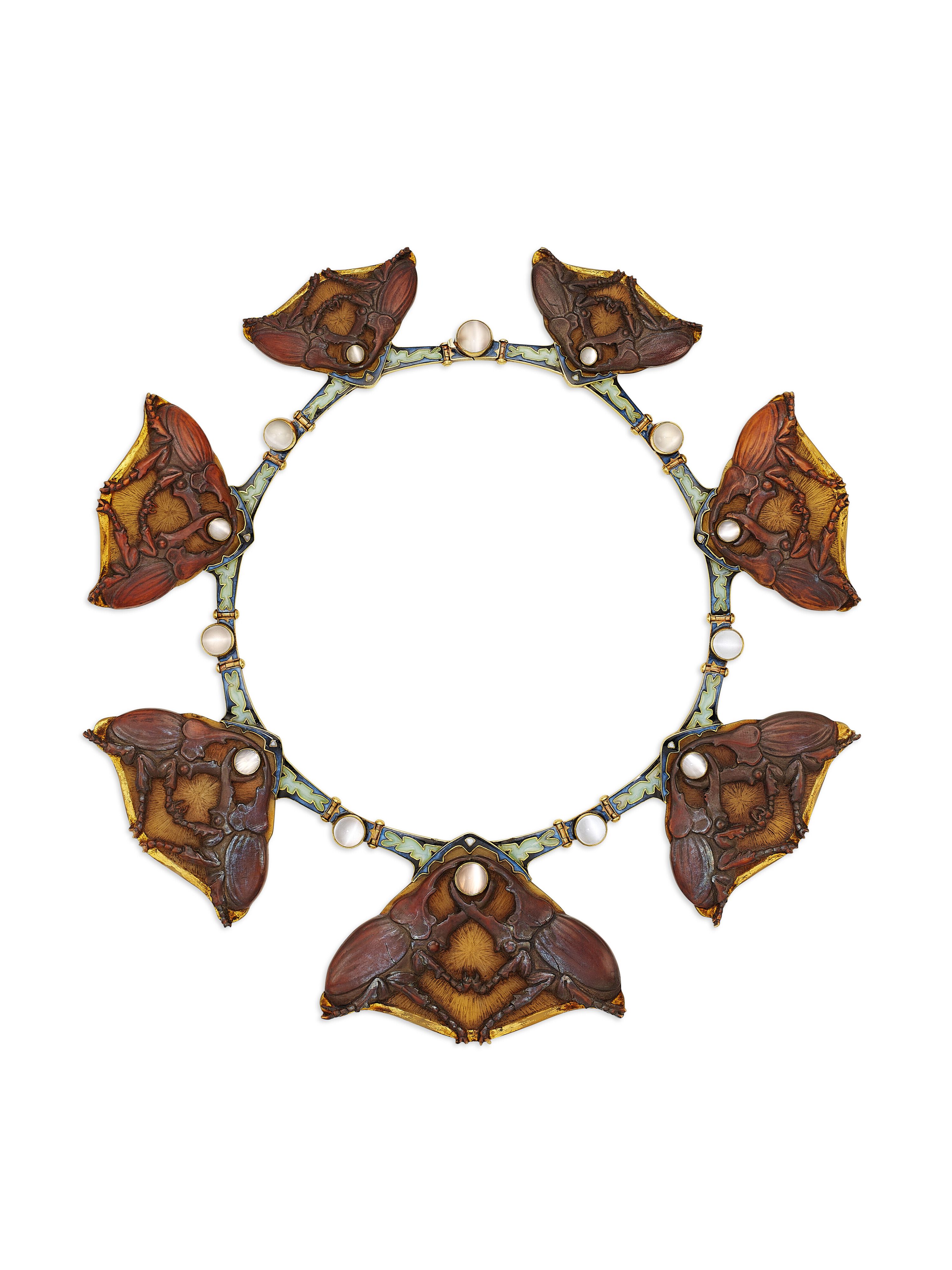 A Rare Rene Lalique Art Nouveau Horn, Moonstone and Enamel Necklace